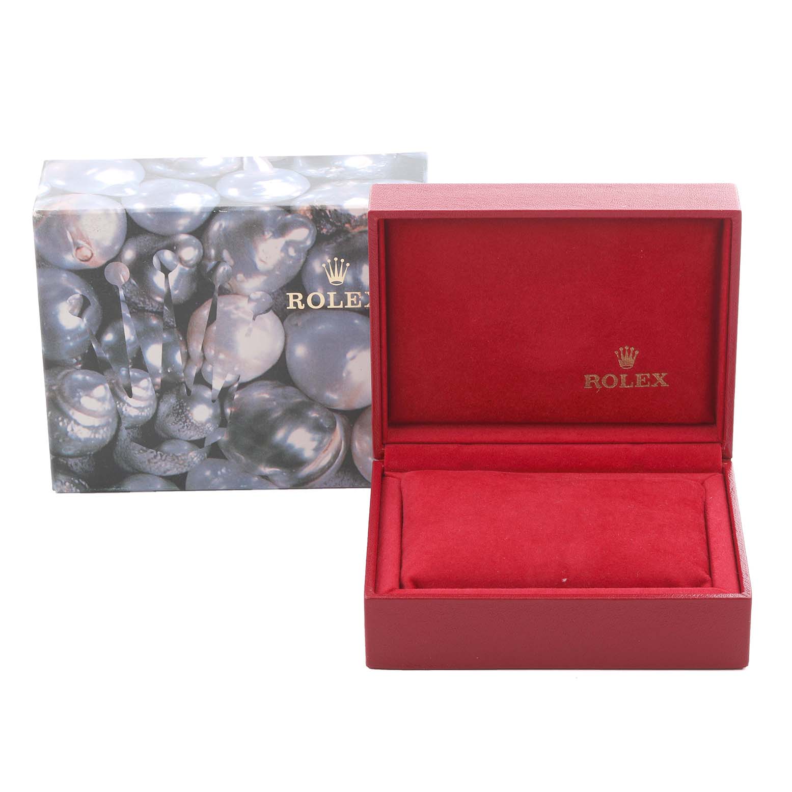 The image shows an open red Rolex Datejust 79174 Women's Stainless Steel Silver Dial 79174 Women's Stainless Steel Silver Dial box and an outer box with a pearl design.