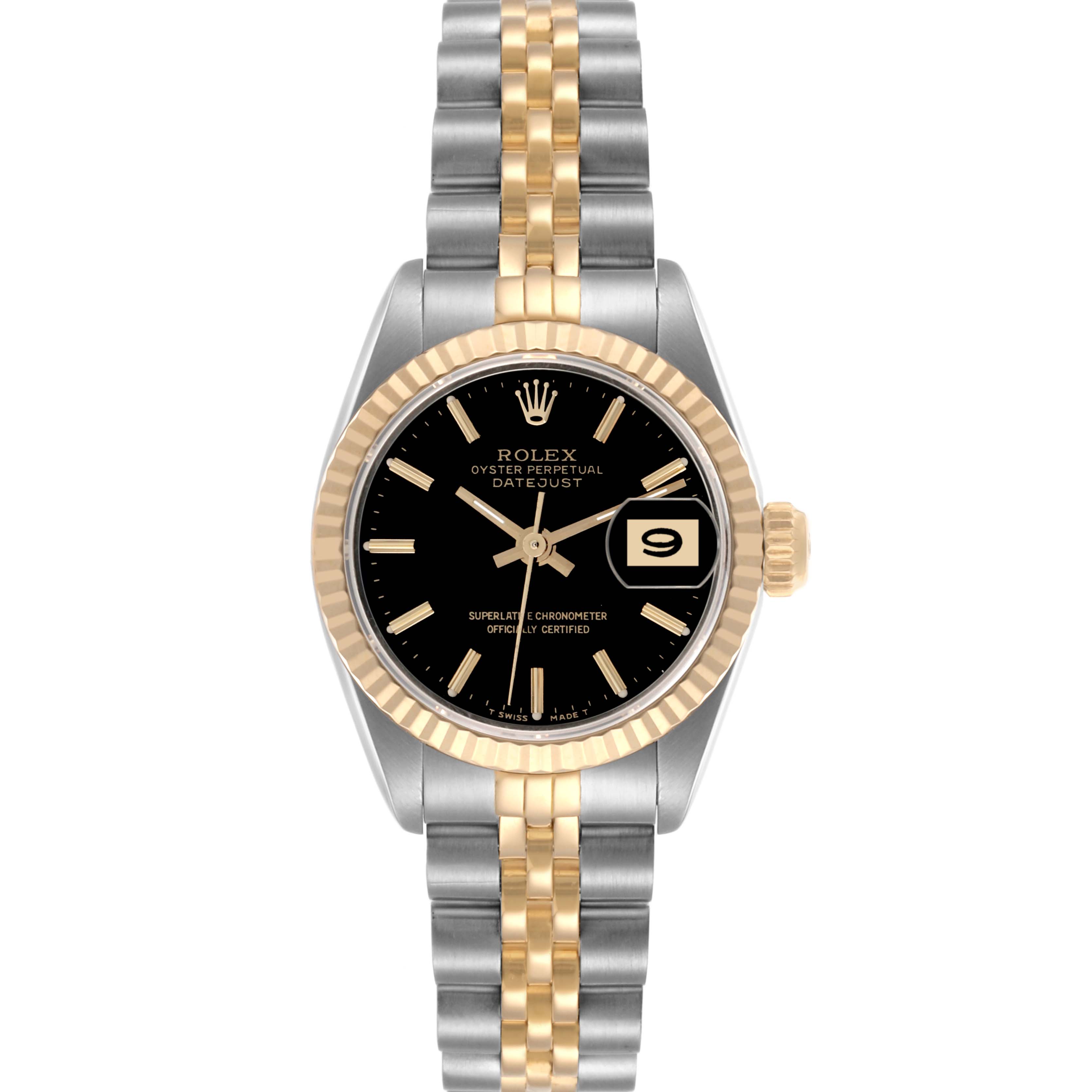 The Rolex Datejust 69173 Women's Steel and Gold (two tone) Black Dial 69173 Women's Steel and Gold (two tone) Black Dial watch is shown from a front view, displaying its dial, bezel, and Jubilee bracelet.