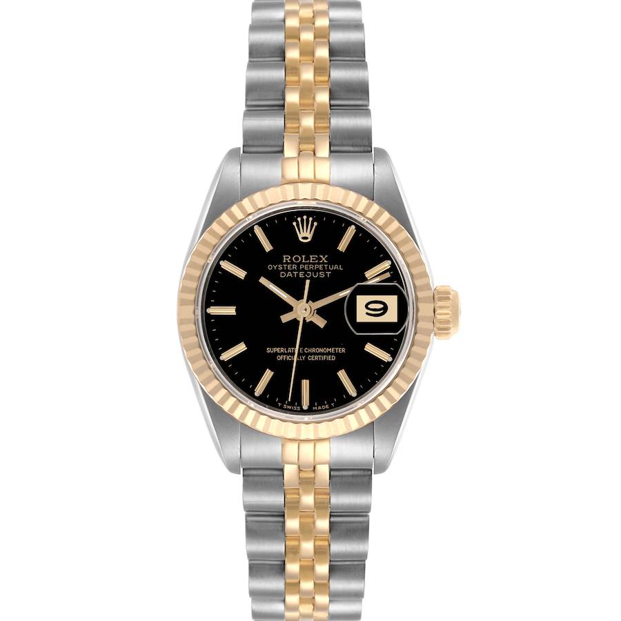 The Rolex Datejust watch is shown from a front view, displaying its dial, bezel, and Jubilee bracelet.