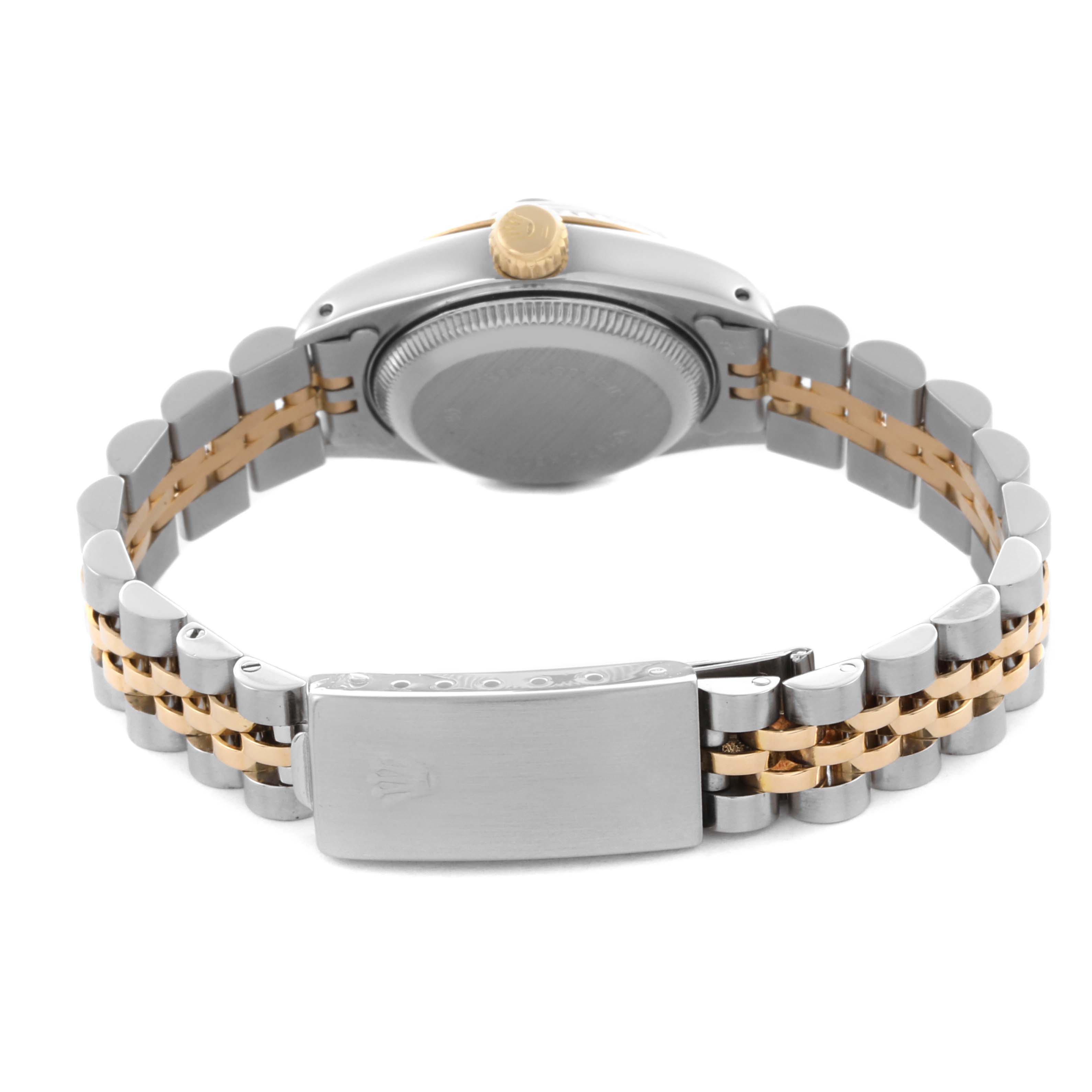 The Rolex Datejust 69173 Women's Steel and Gold (two tone) Black Dial 69173 Women's Steel and Gold (two tone) Black Dial watch is shown from the back, displaying the clasp, bracelet, and case back.