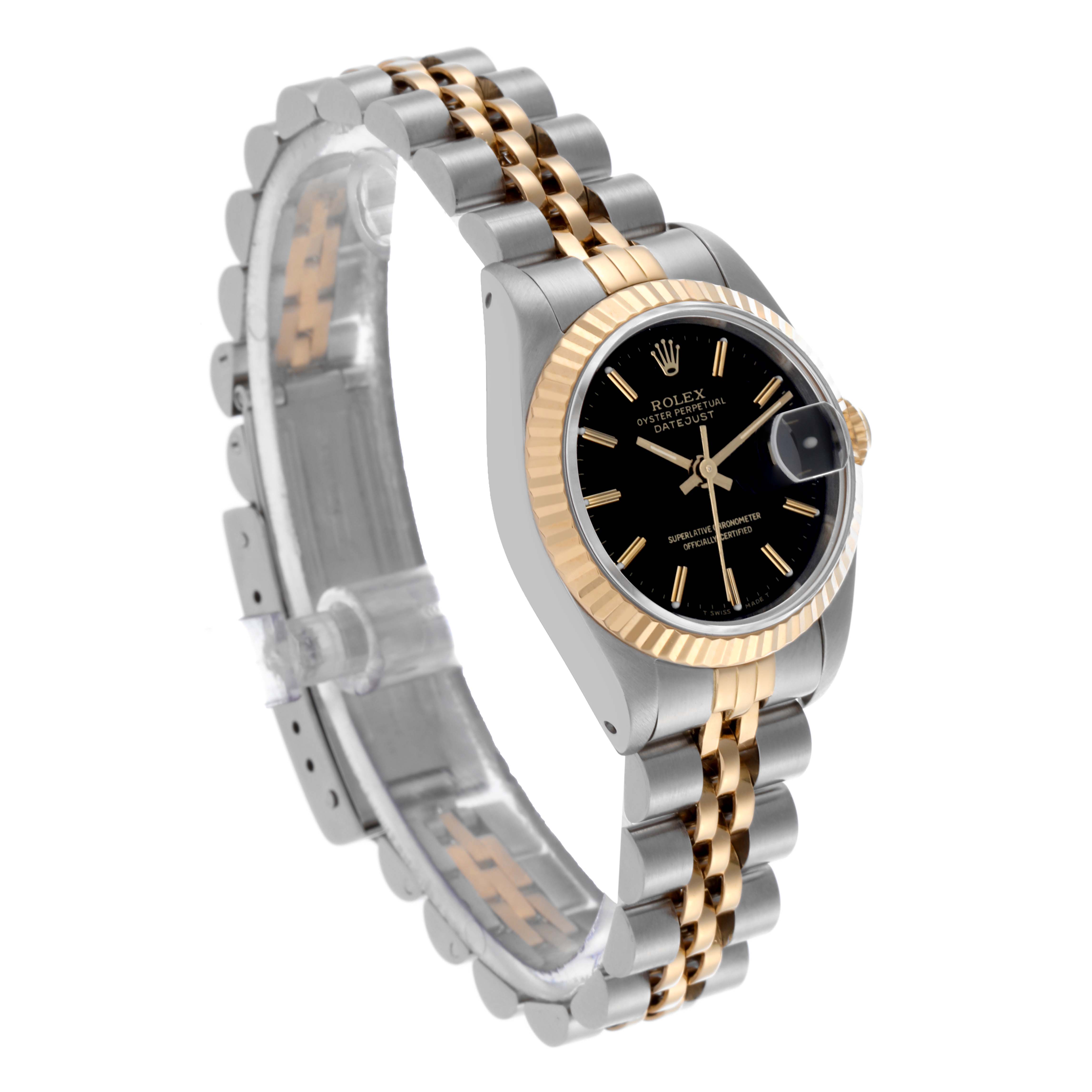 The Rolex Datejust 69173 Women's Steel and Gold (two tone) Black Dial 69173 Women's Steel and Gold (two tone) Black Dial watch is shown at a slight angle, highlighting its two-tone bracelet, fluted bezel, and black dial.