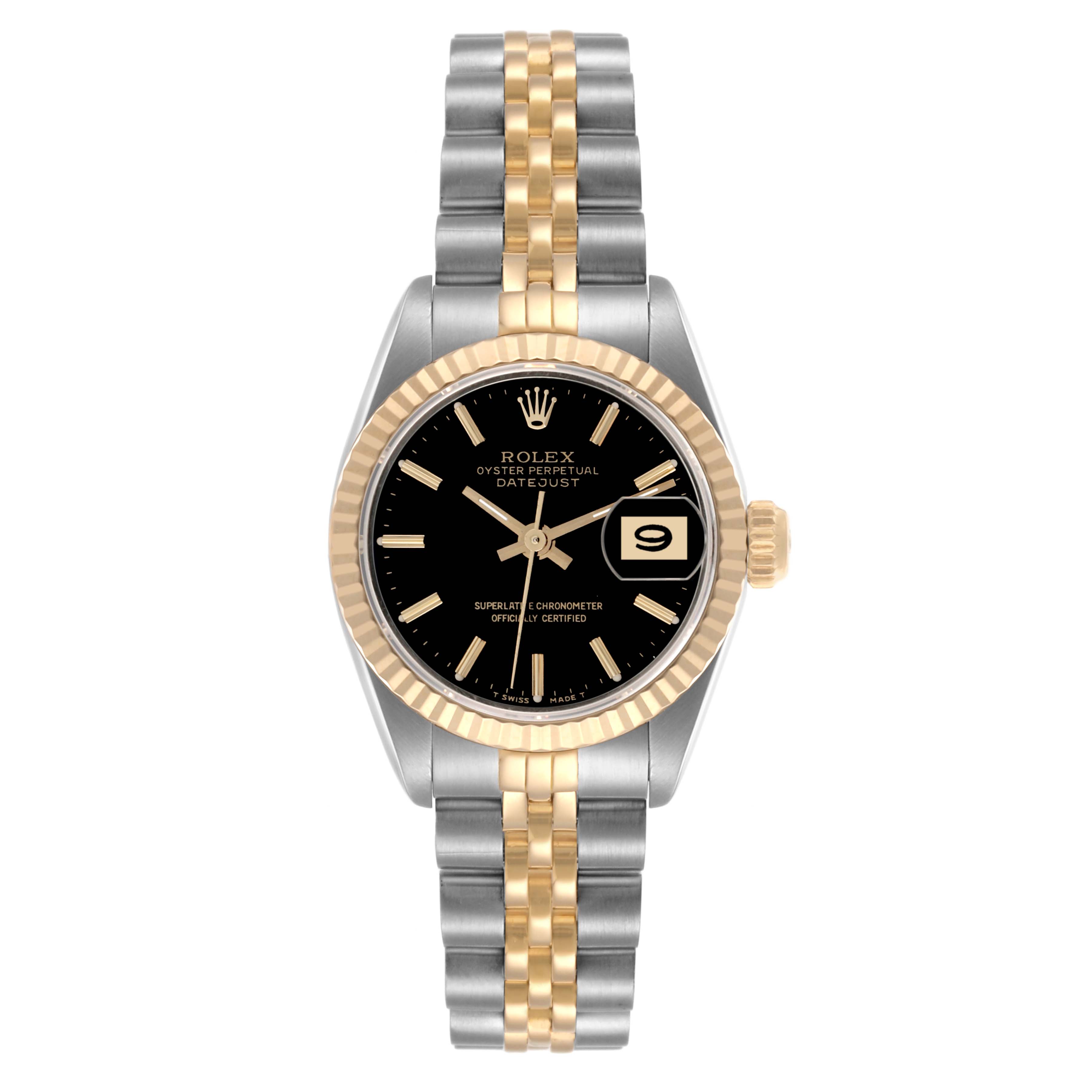 The Rolex Datejust 69173 Women's Steel and Gold (two tone) Black Dial 69173 Women's Steel and Gold (two tone) Black Dial watch is shown from a top-down angle, displaying the dial, bezel, bracelet, and crown.