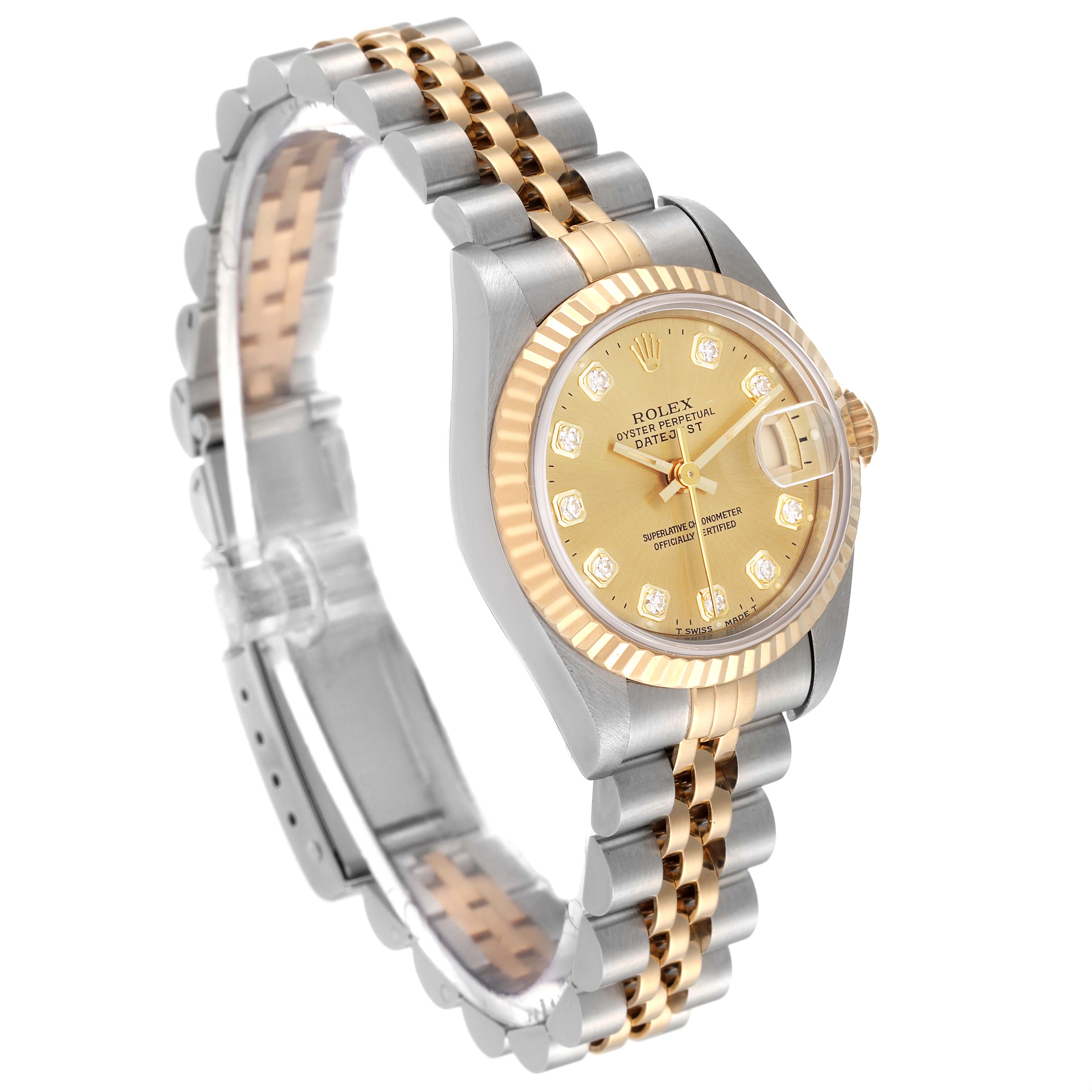 This image shows a side and front angled view of the Rolex Datejust 69173 Women's Steel and Gold (two tone) Champagne Dial 69173 Women's Steel and Gold (two tone) Champagne Dial watch, displaying the dial, bezel, and two-tone bracelet.