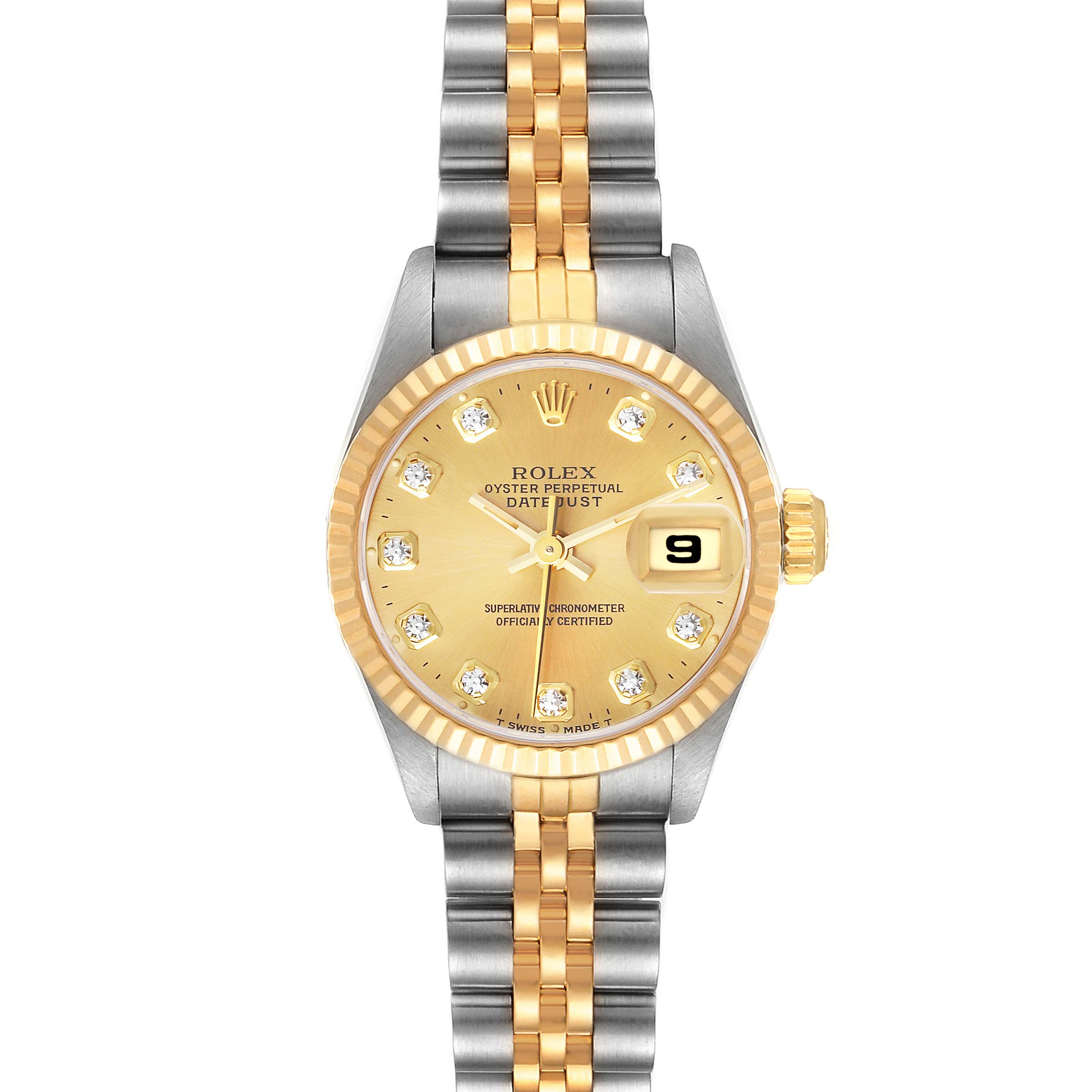 This image shows a front view of a Rolex Datejust 69173 Women's Steel and Gold (two tone) Champagne Dial 69173 Women's Steel and Gold (two tone) Champagne Dial watch, highlighting its gold and silver bracelet, gold dial, and diamond hour markers.