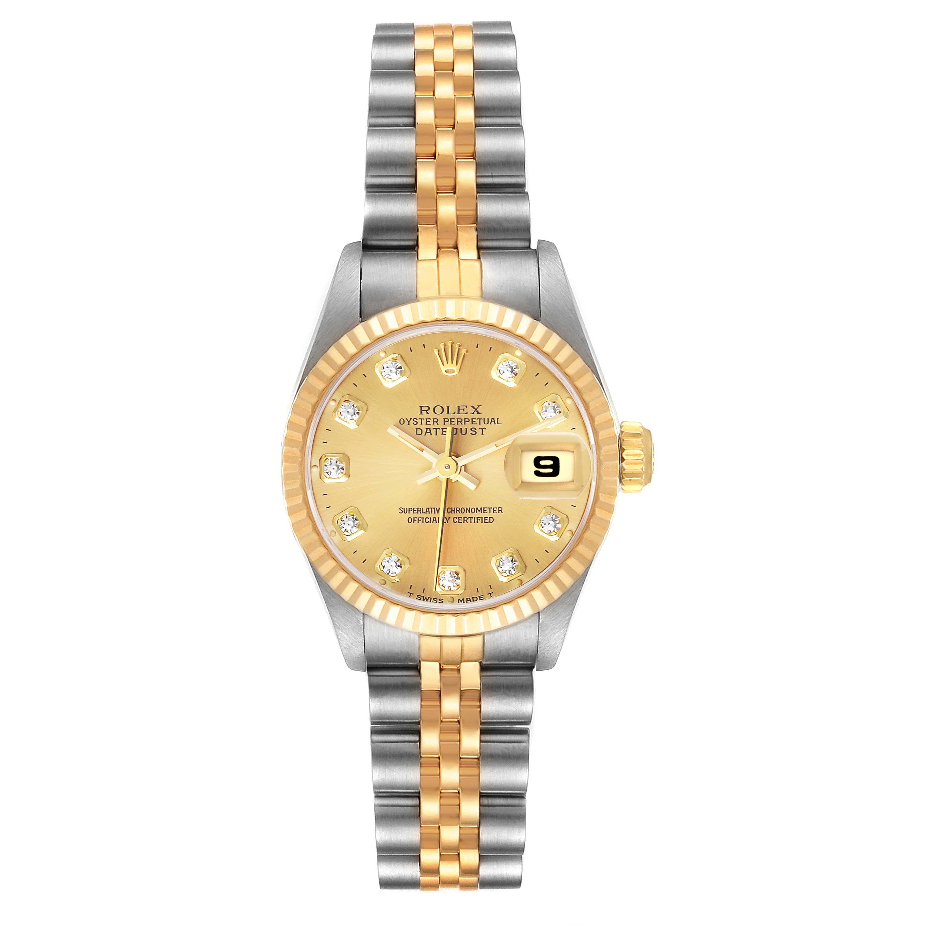 This image shows a front view of a Rolex Datejust 69173 Women's Steel and Gold (two tone) Champagne Dial 69173 Women's Steel and Gold (two tone) Champagne Dial watch with a gold and silver bracelet and a gold dial with diamond hour markers.