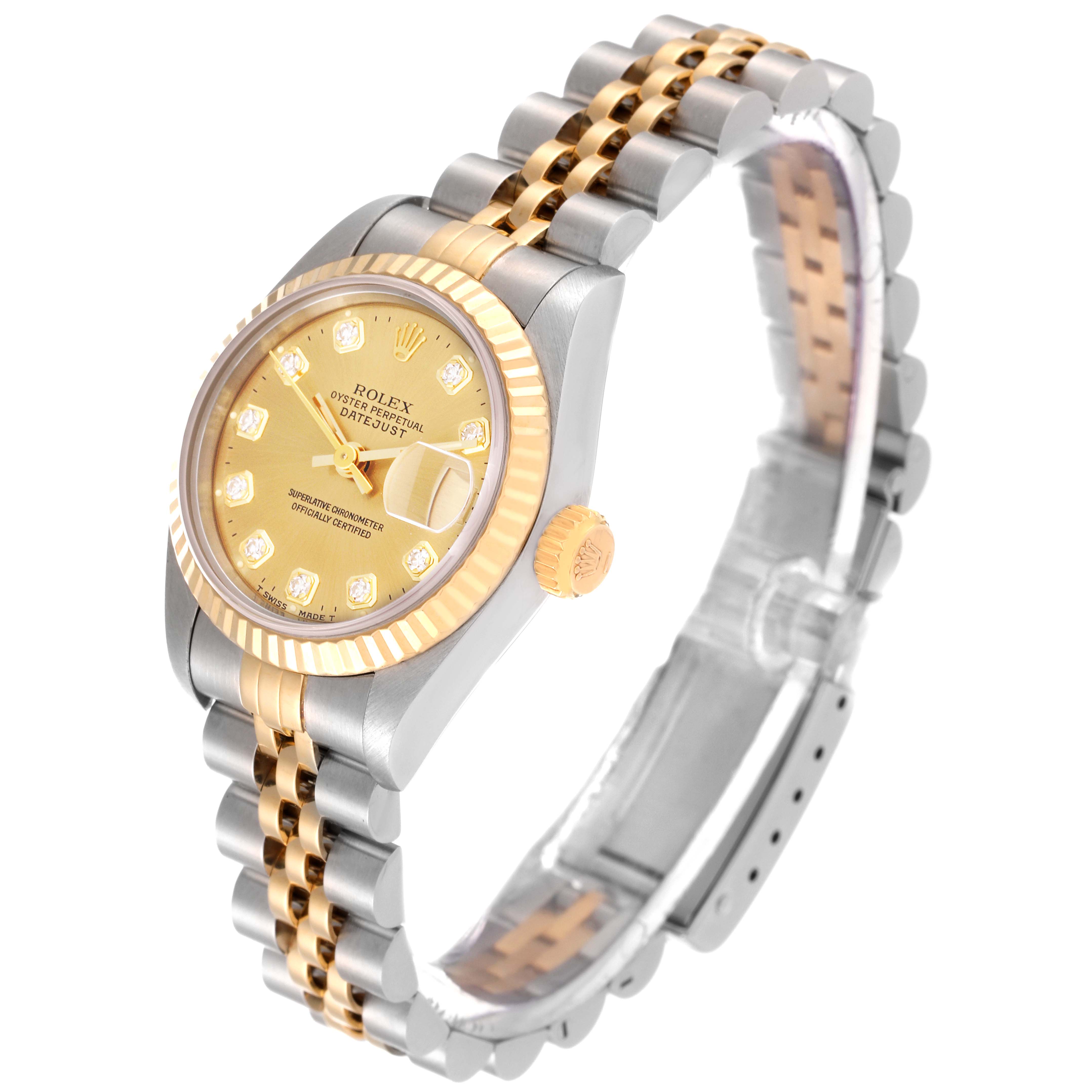 The image displays a Rolex Datejust 69173 Women's Steel and Gold (two tone) Champagne Dial 69173 Women's Steel and Gold (two tone) Champagne Dial watch at a slight angle, showing the face, bezel, crown, and bracelet.