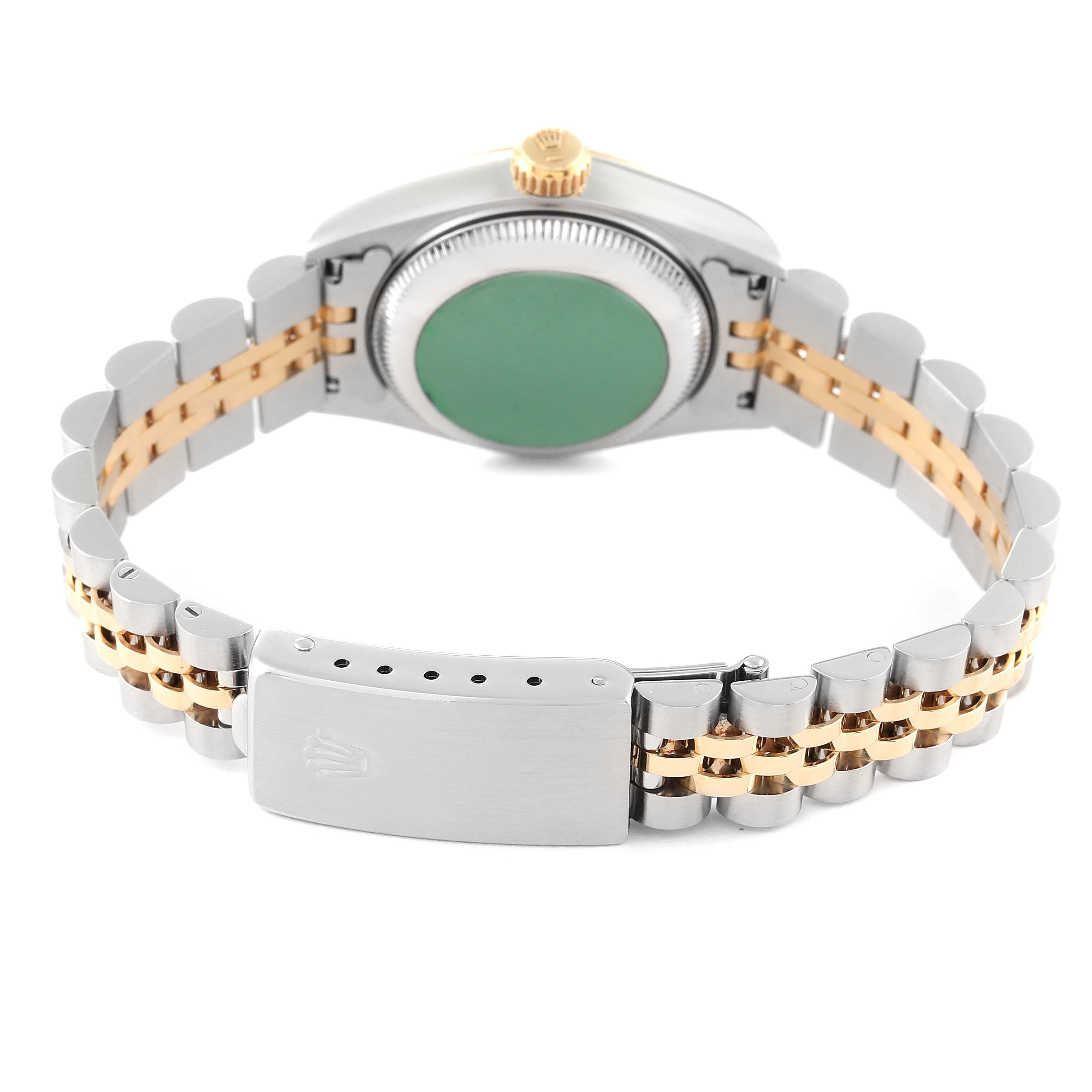 This image shows a rear view of the Rolex Datejust 69173 Women's Steel and Gold (two tone) Champagne Dial 69173 Women's Steel and Gold (two tone) Champagne Dial watch's case back, two-tone bracelet, and clasp.