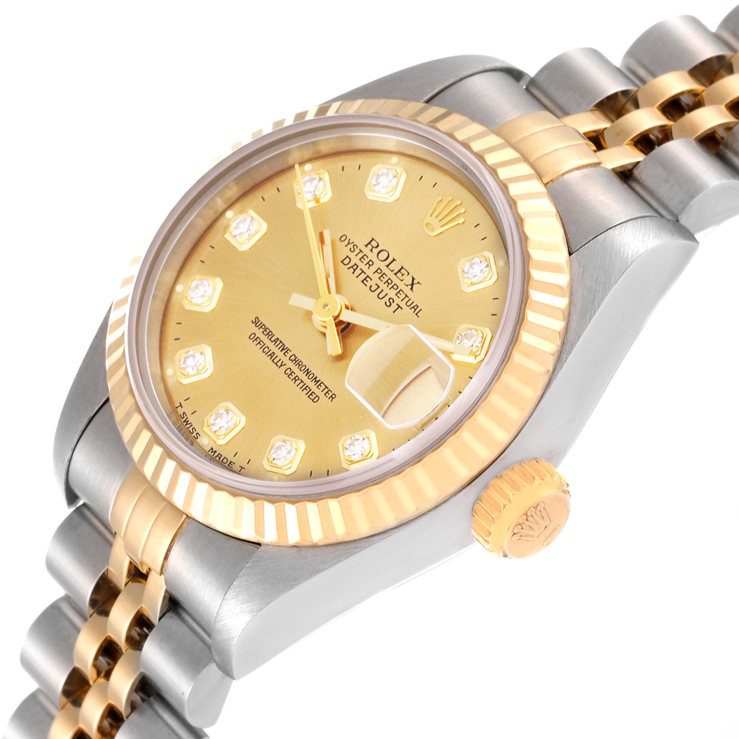 The image shows a close-up of a Rolex Datejust 69173 Women's Steel and Gold (two tone) Champagne Dial 69173 Women's Steel and Gold (two tone) Champagne Dial watch, highlighting its gold dial, fluted bezel, and two-tone bracelet.