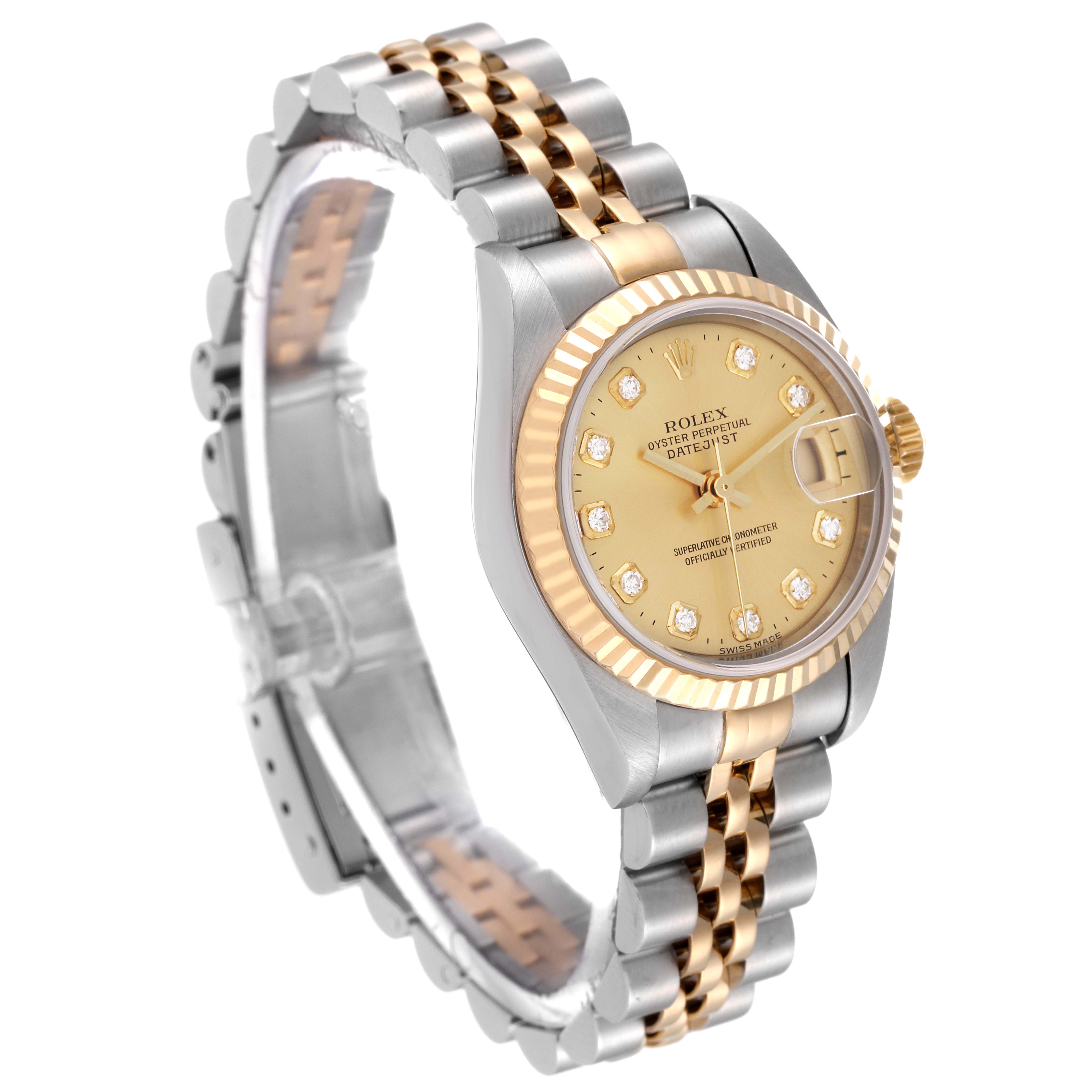 The image shows a Rolex Datejust 79173 Women's Steel and Gold (two tone) Champagne Dial 79173 Women's Steel and Gold (two tone) Champagne Dial watch from a slight right-side angle, displaying the face, bezel, and part of the bracelet.