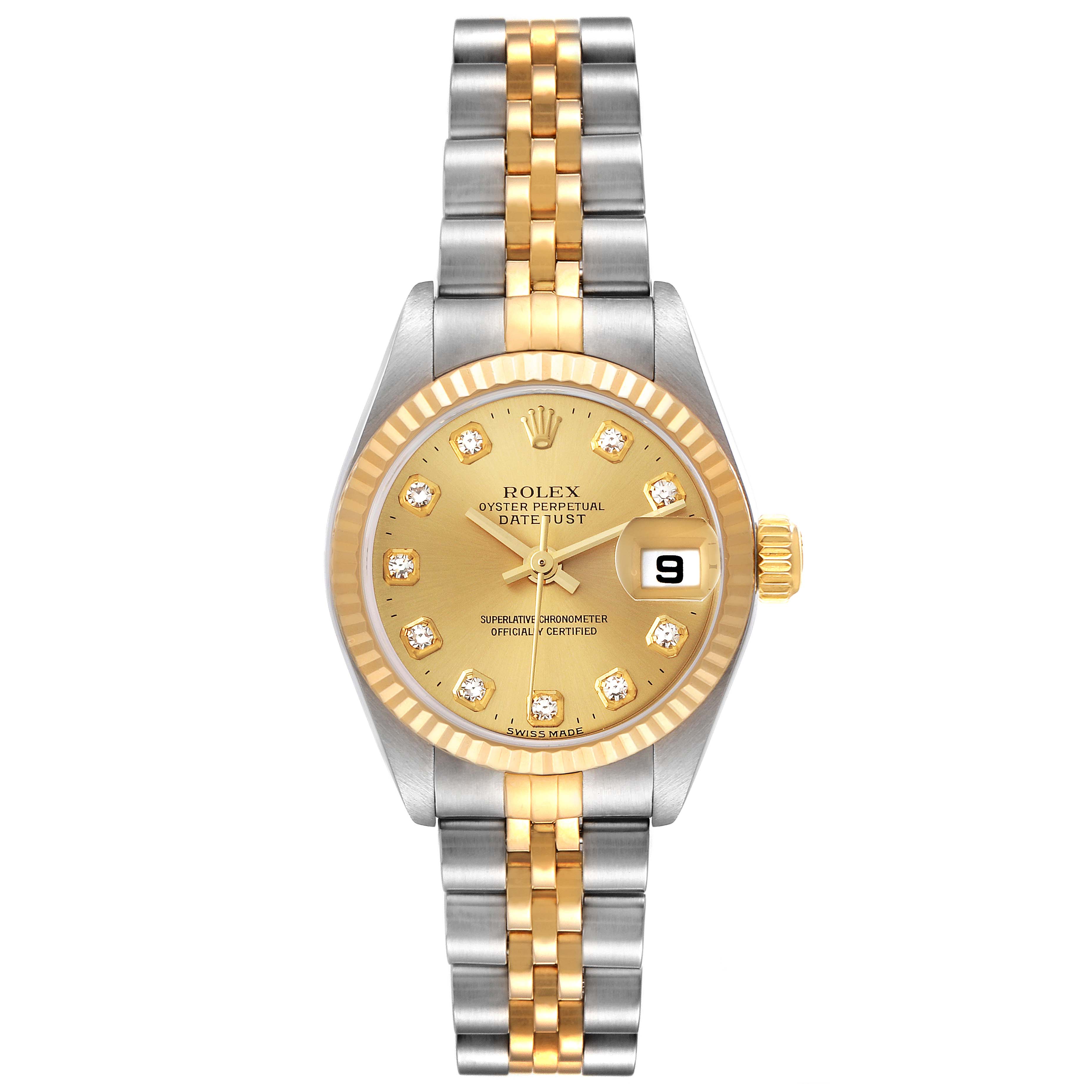 The Rolex Datejust 79173 Women's Steel and Gold (two tone) Champagne Dial 79173 Women's Steel and Gold (two tone) Champagne Dial watch is shown from a front angle, displaying its dial, bezel, case, and two-tone bracelet.