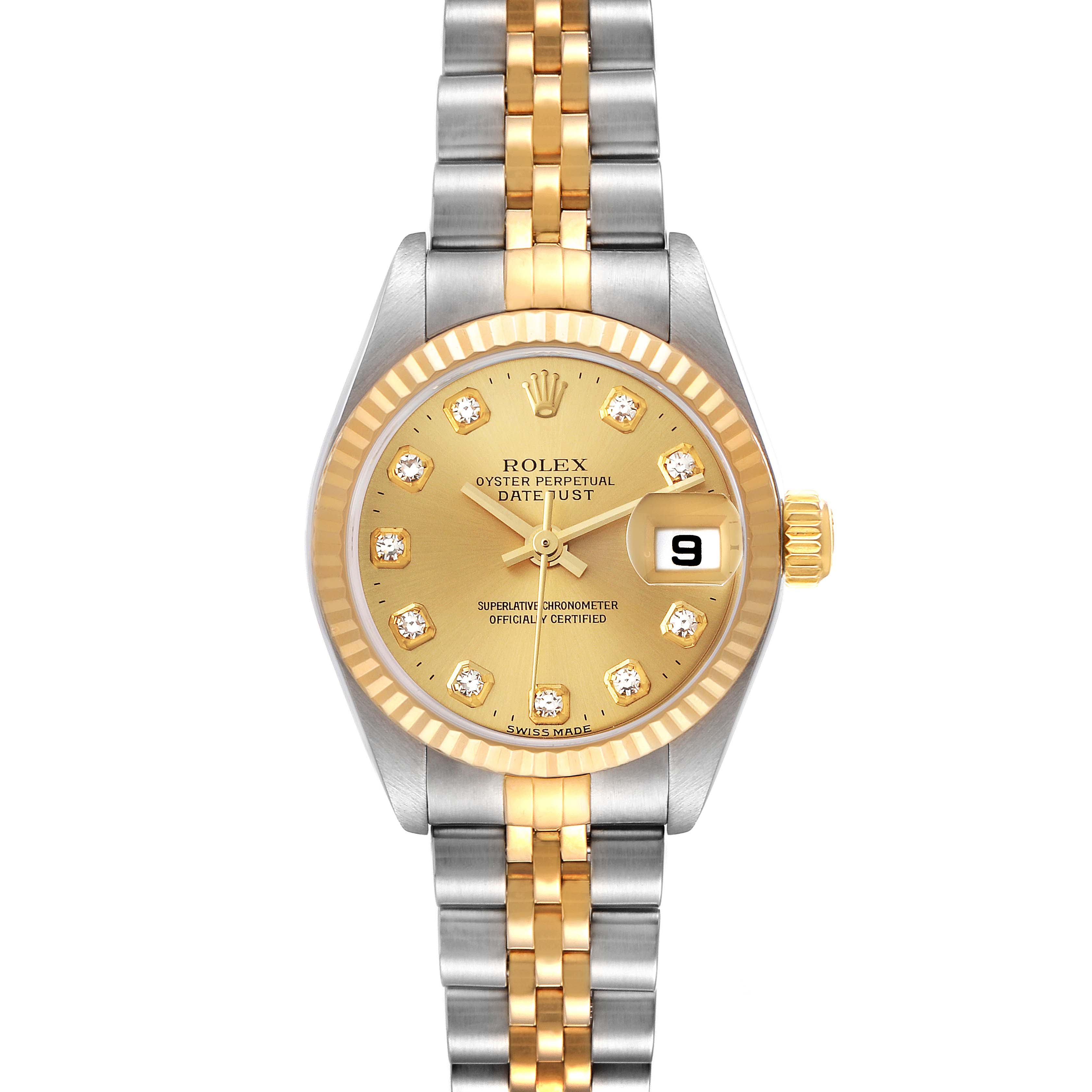 The Rolex Datejust 79173 Women's Steel and Gold (two tone) Champagne Dial 79173 Women's Steel and Gold (two tone) Champagne Dial watch is shown from a front angle, displaying its two-tone bracelet, gold dial, and date window.