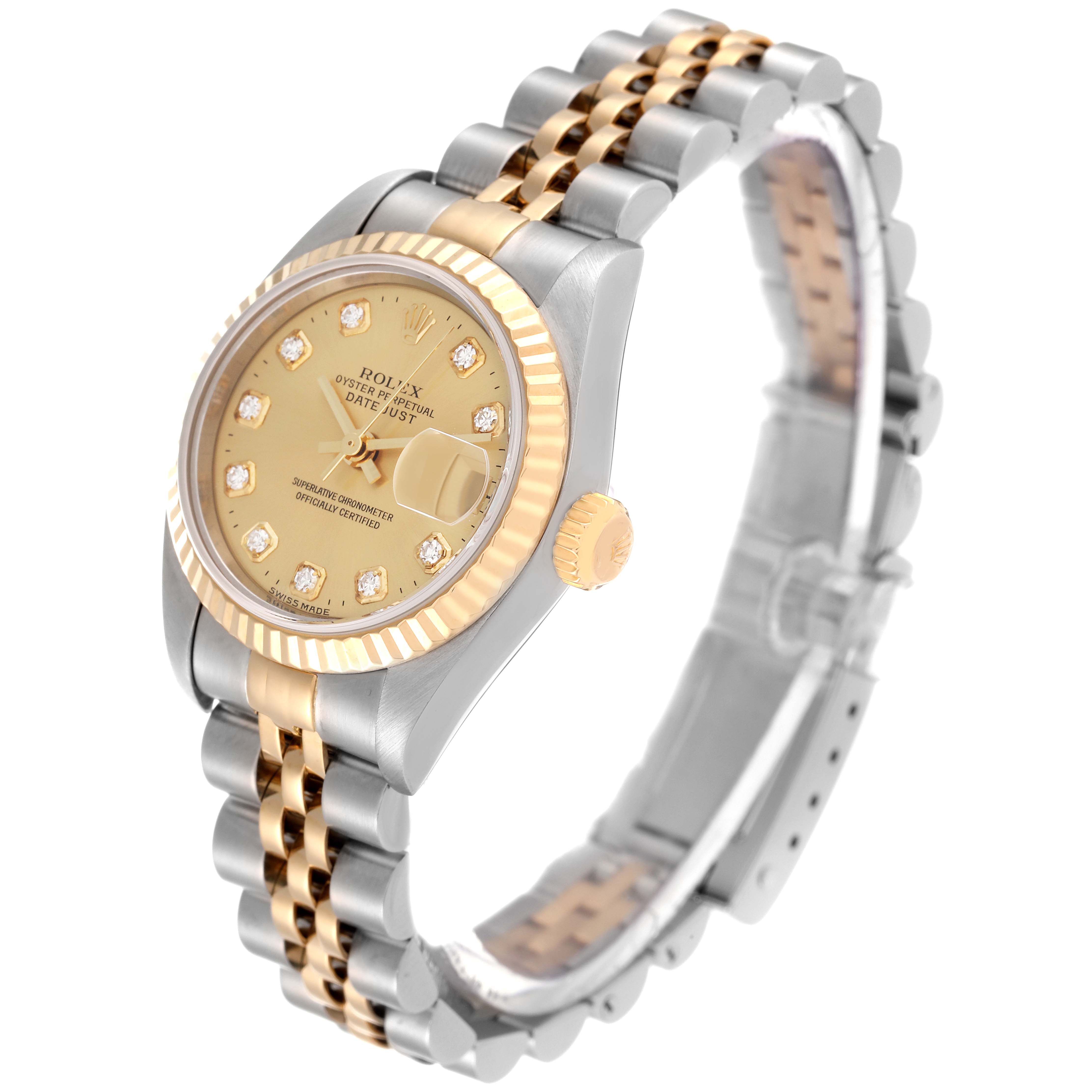 The image shows a Rolex Datejust 79173 Women's Steel and Gold (two tone) Champagne Dial 79173 Women's Steel and Gold (two tone) Champagne Dial watch at a slightly angled side view, highlighting the bezel, dial, crown, and bracelet.