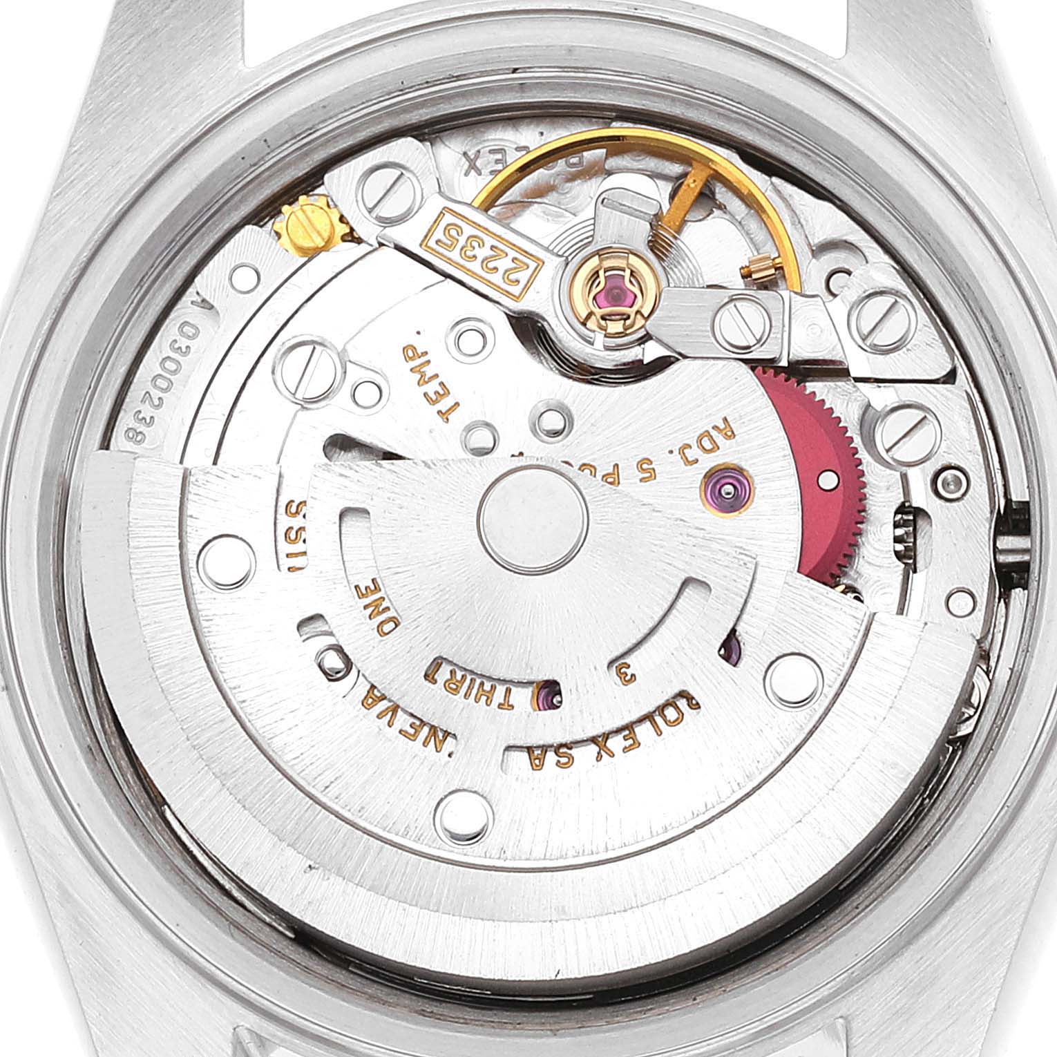 This image shows a close-up view of the movement mechanism in a Rolex Datejust 79173 Women's Steel and Gold (two tone) Champagne Dial 79173 Women's Steel and Gold (two tone) Champagne Dial watch.