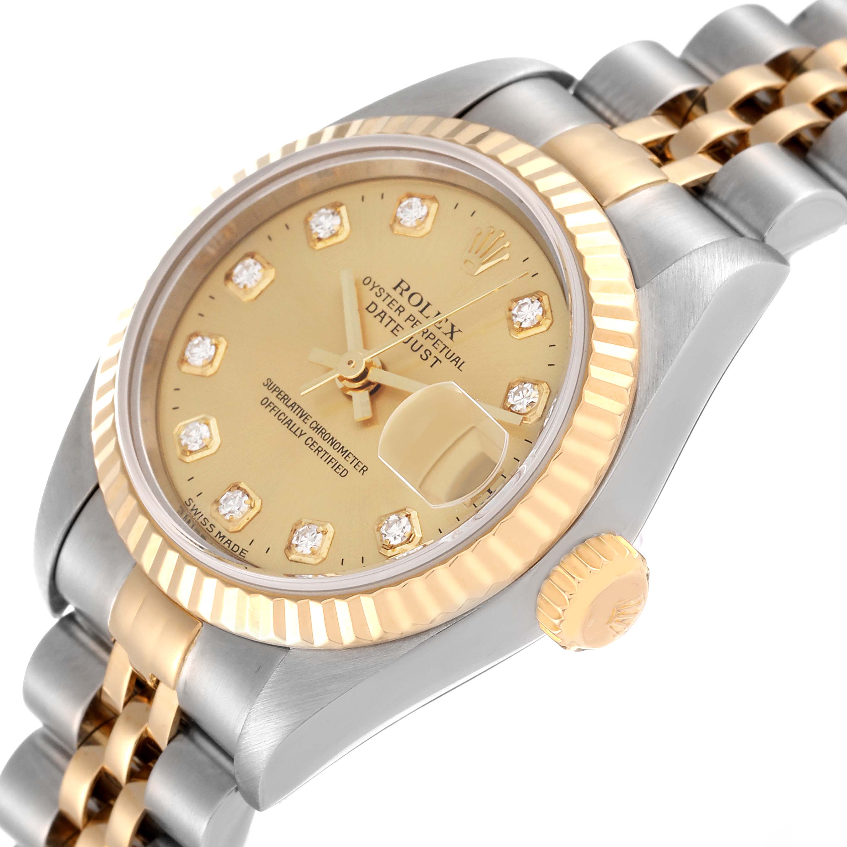 The Rolex Datejust 79173 Women's Steel and Gold (two tone) Champagne Dial 79173 Women's Steel and Gold (two tone) Champagne Dial watch is shown at an oblique angle, highlighting its gold and stainless steel case, bezel, bracelet, and face.