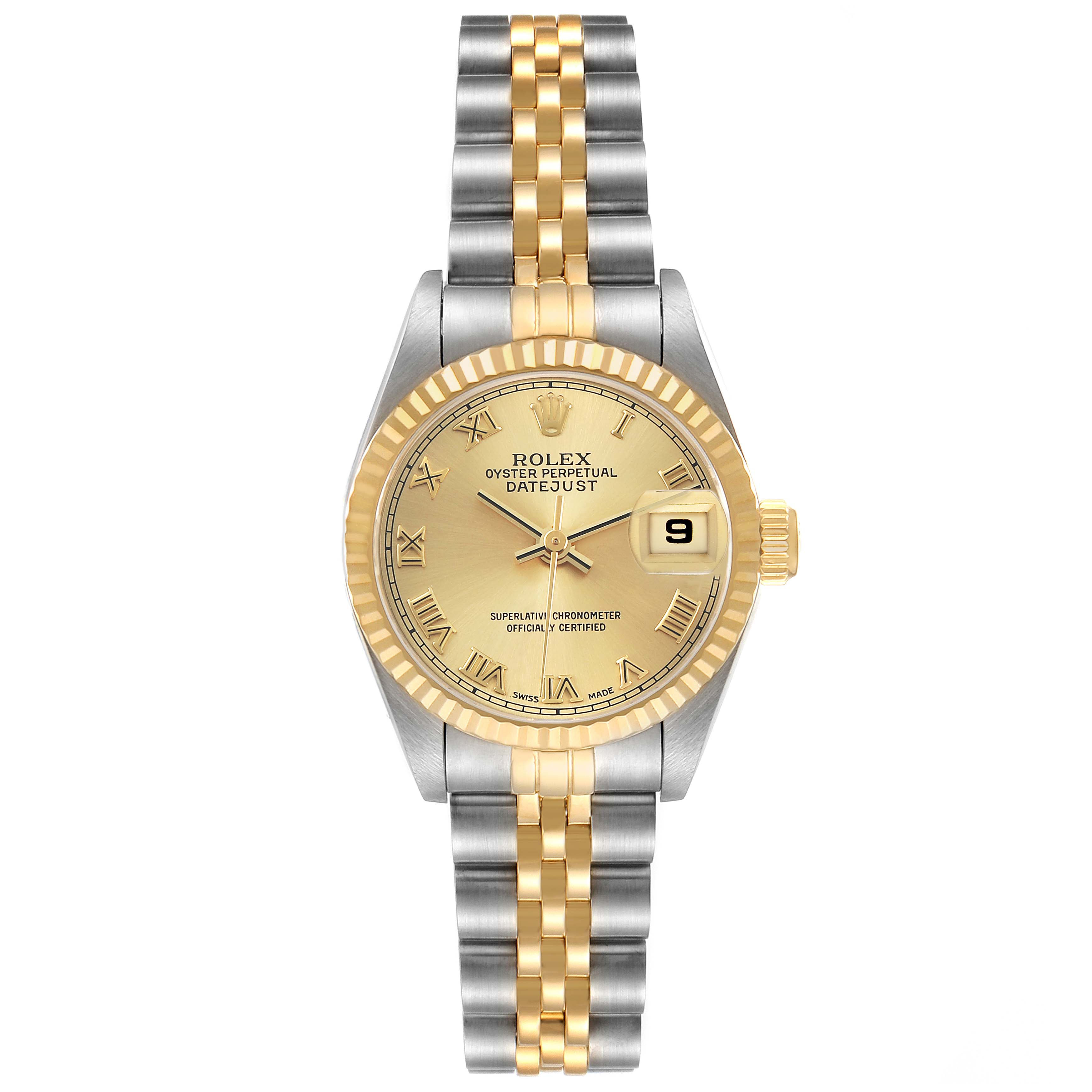 The Rolex Datejust 69173 Women's Steel and Gold (two tone) Champagne Dial watch is shown from a top-down angle, displaying the bezel, face, bracelet, and crown.