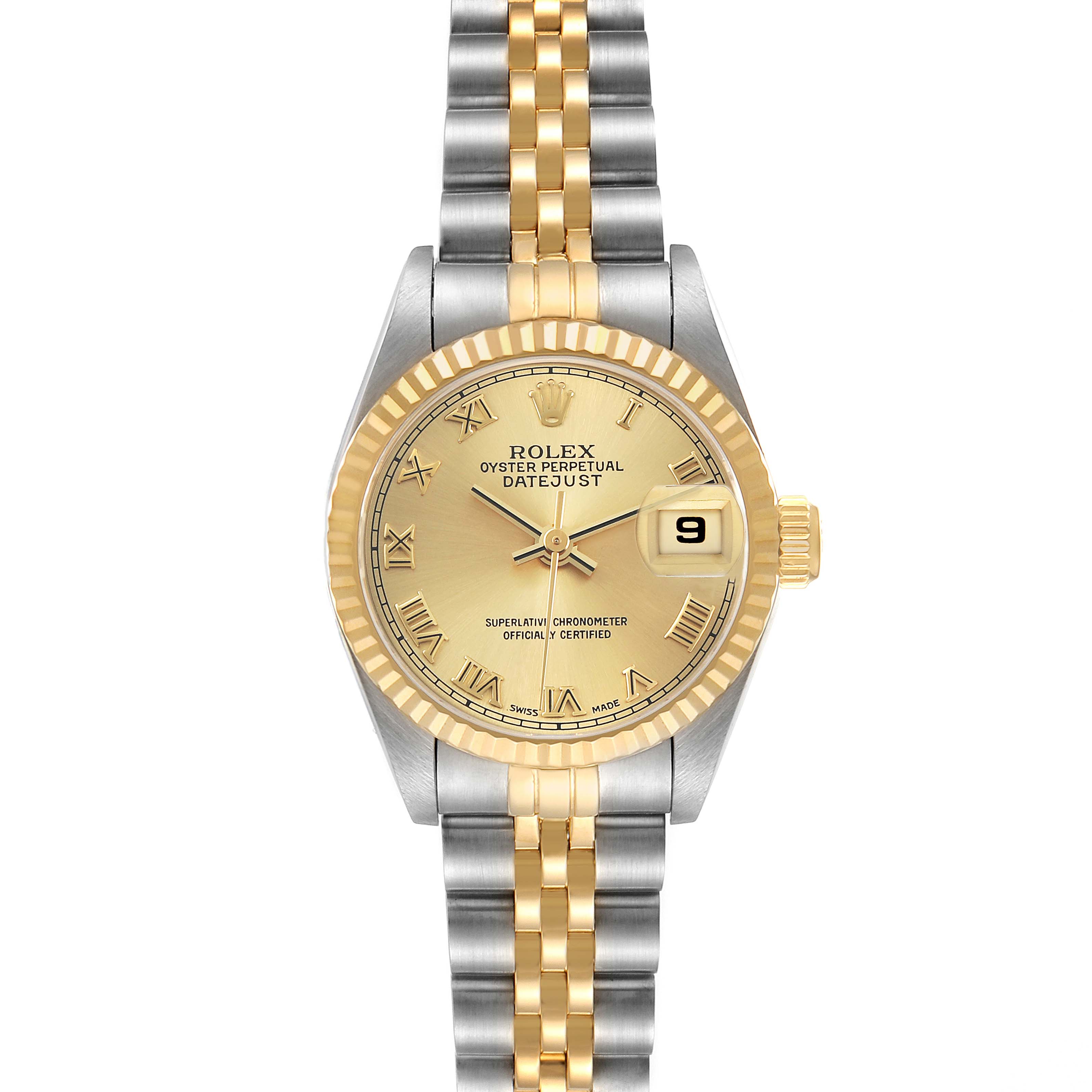 The Rolex Datejust 69173 Women's Steel and Gold (two tone) Champagne Dial watch is shown from the front, displaying the dial, bezel, and part of the bracelet.