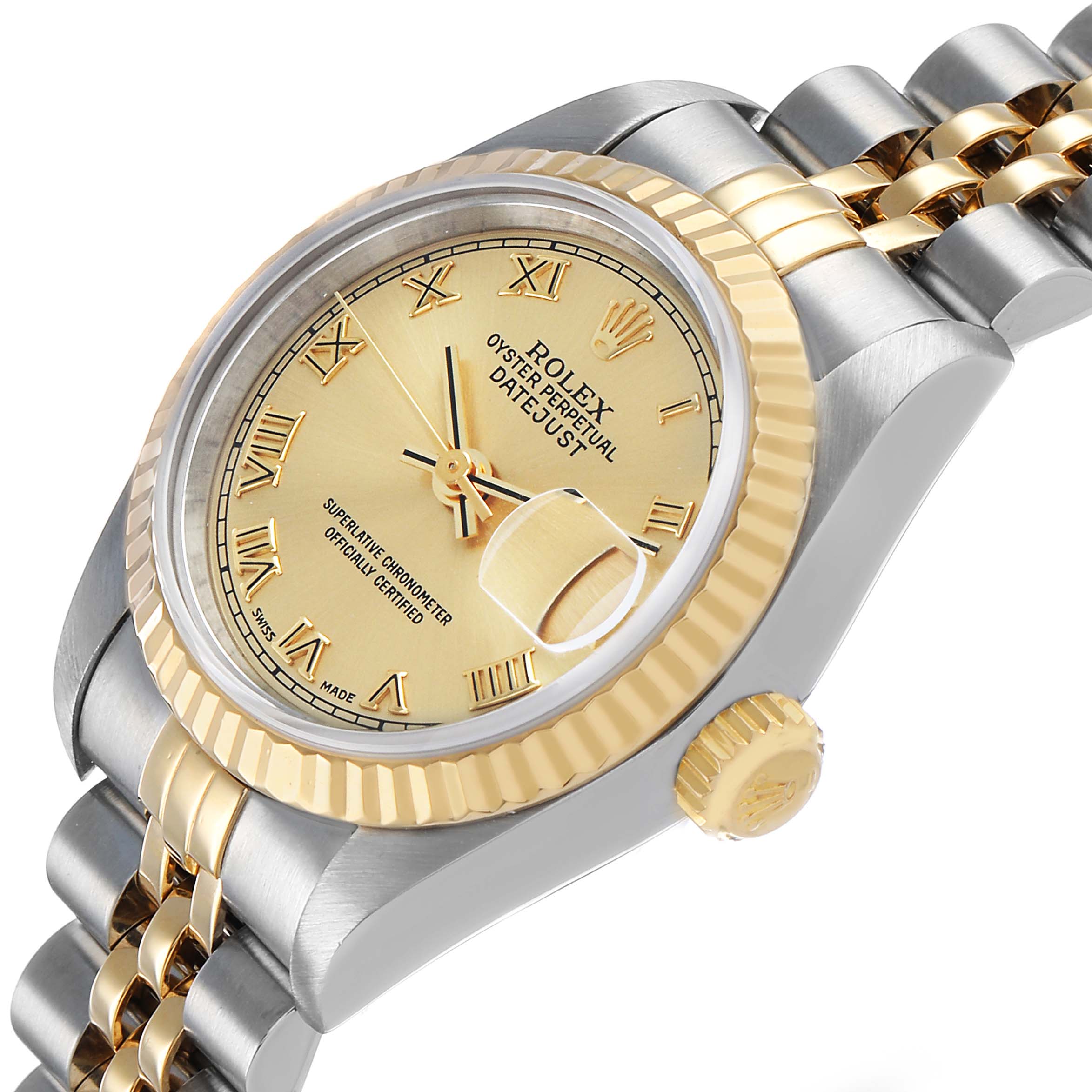 The Rolex Datejust 69173 Women's Steel and Gold (two tone) Champagne Dial is shown from a side angle, highlighting the gold and silver bracelet, fluted bezel, crown, and dial with Roman numerals.