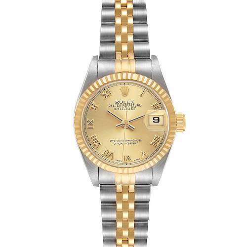 The Rolex Datejust 69173 Women's Steel and Gold (two tone) Champagne Dial watch is shown from a front angle, highlighting its gold dial, fluted bezel, and two-tone bracelet.