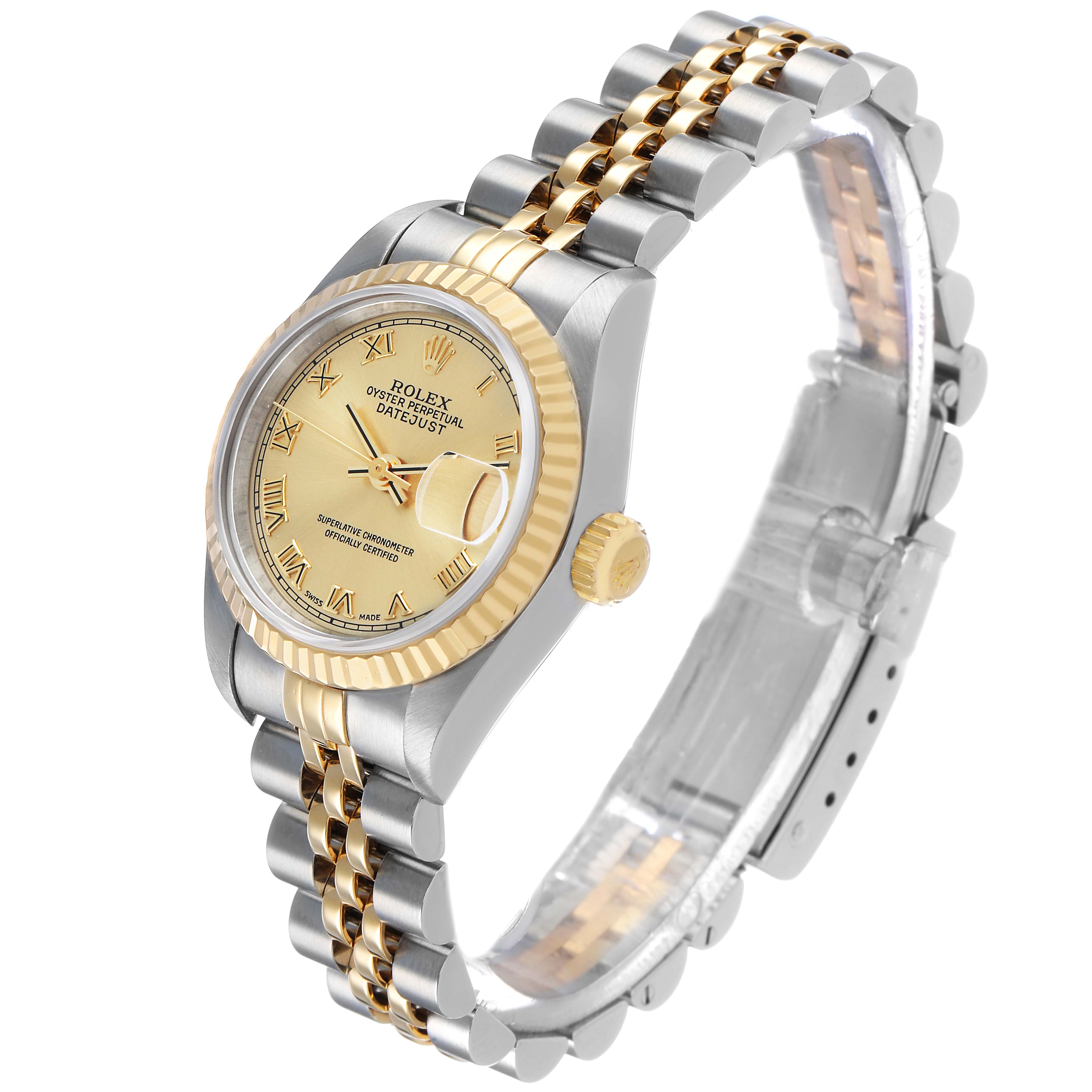 The Rolex Datejust 69173 Women's Steel and Gold (two tone) Champagne Dial watch is shown at a slight angle, highlighting the face, bezel, crown, and two-tone bracelet.