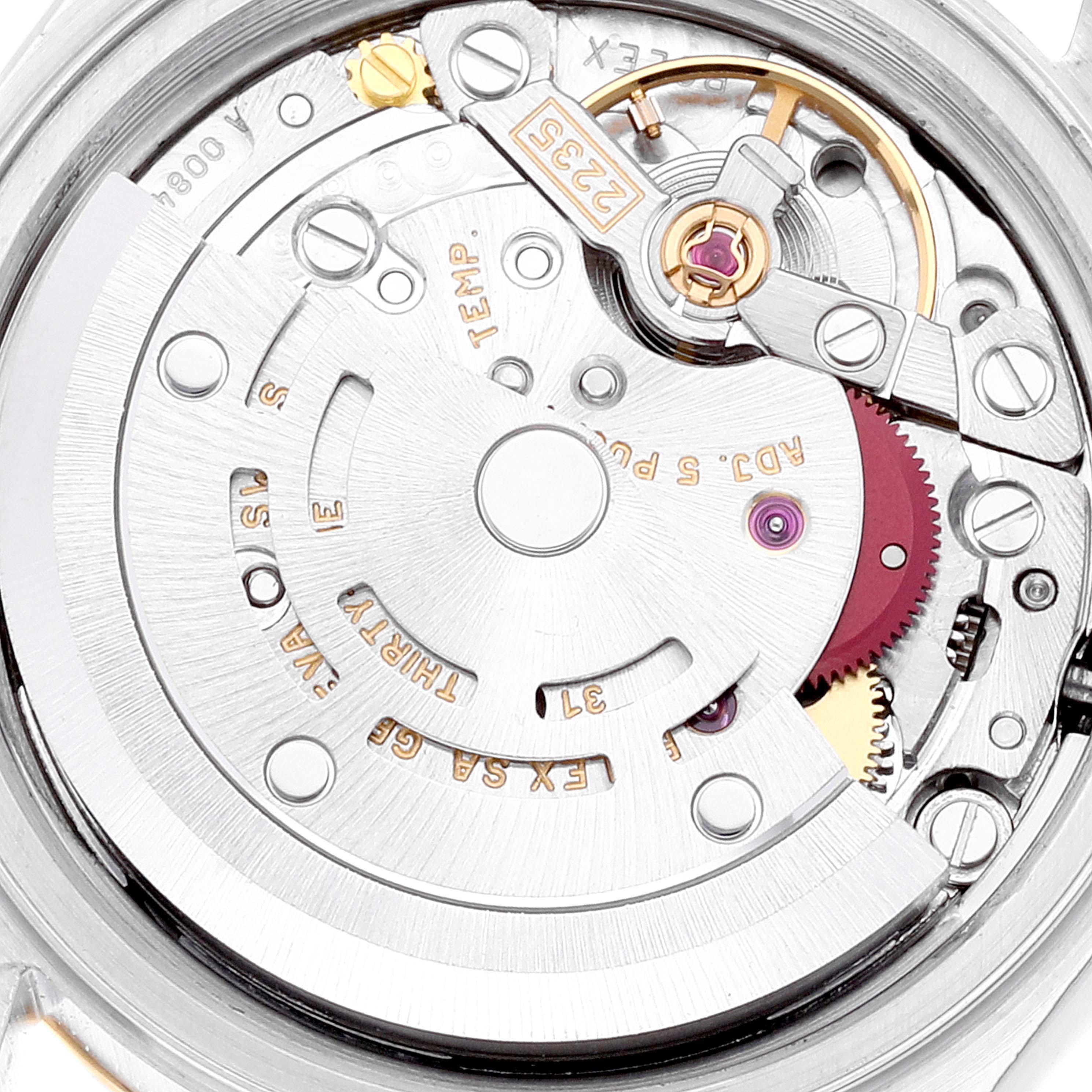 This image shows the movement mechanism of a Rolex Datejust 79173 Women's Steel and Gold (two tone) Champagne Dial 79173 Women's Steel and Gold (two tone) Champagne Dial model watch from a top-down angle.