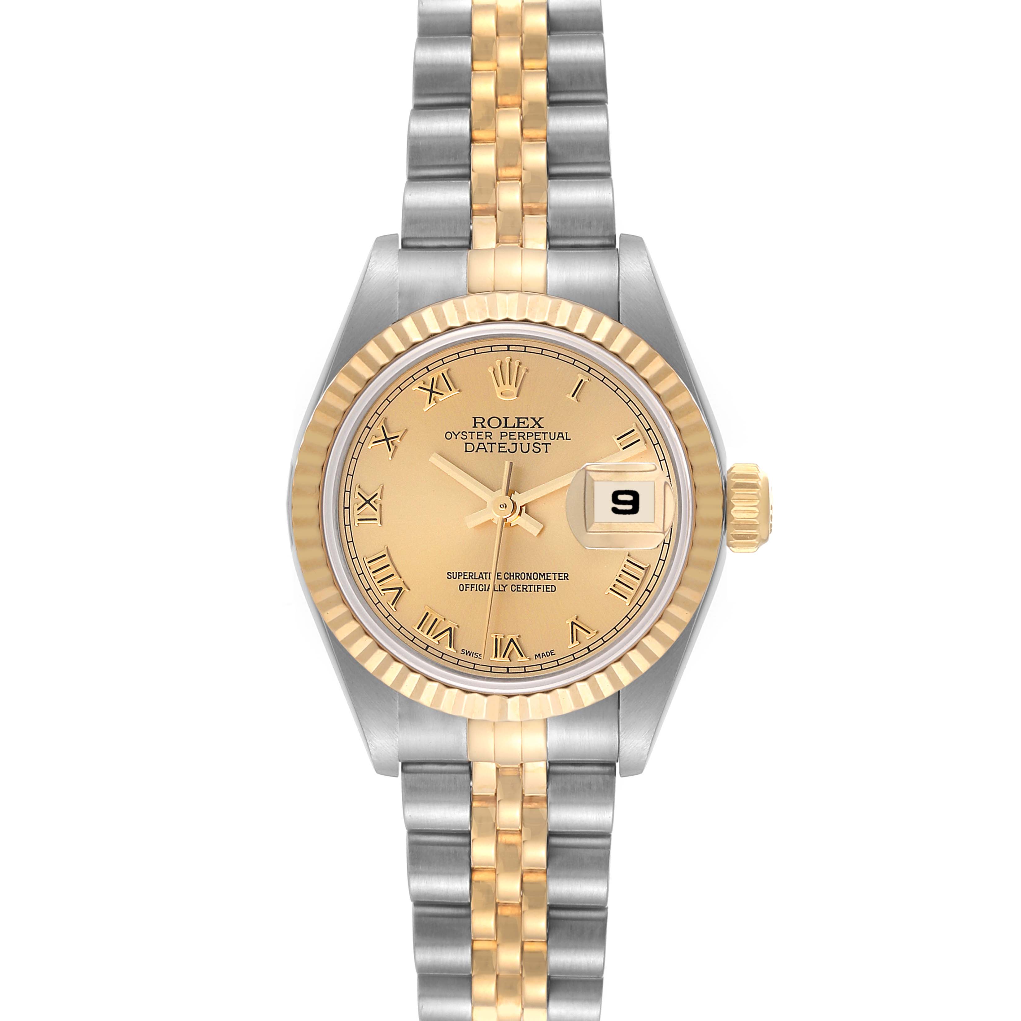 The image shows a Rolex Datejust 79173 Women's Steel and Gold (two tone) Champagne Dial 79173 Women's Steel and Gold (two tone) Champagne Dial watch in a straight-on angle, displaying the dial, bezel, and bracelet.