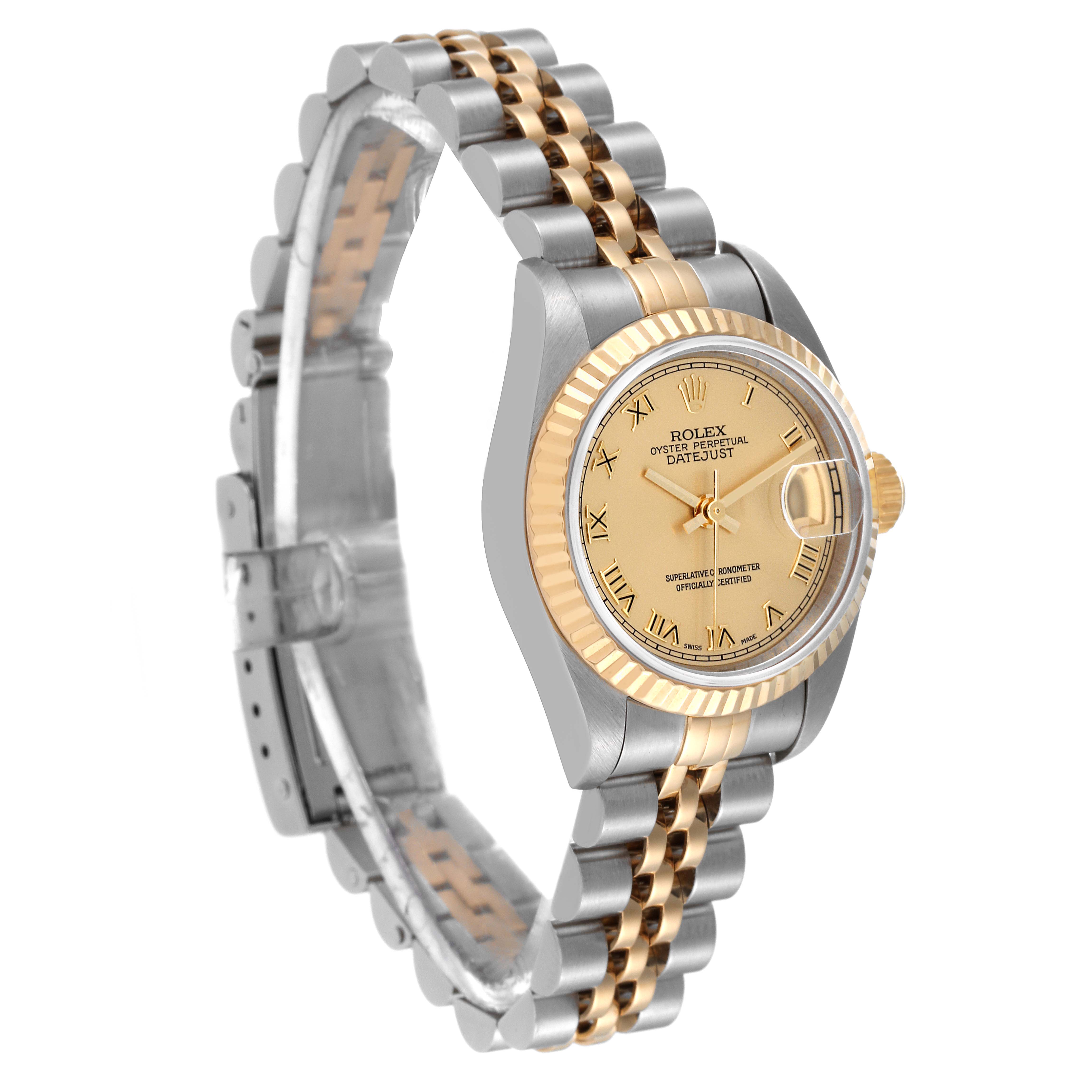 The image shows a Rolex Datejust 79173 Women's Steel and Gold (two tone) Champagne Dial 79173 Women's Steel and Gold (two tone) Champagne Dial watch angled to display its face, two-tone metal bracelet, and side profile.