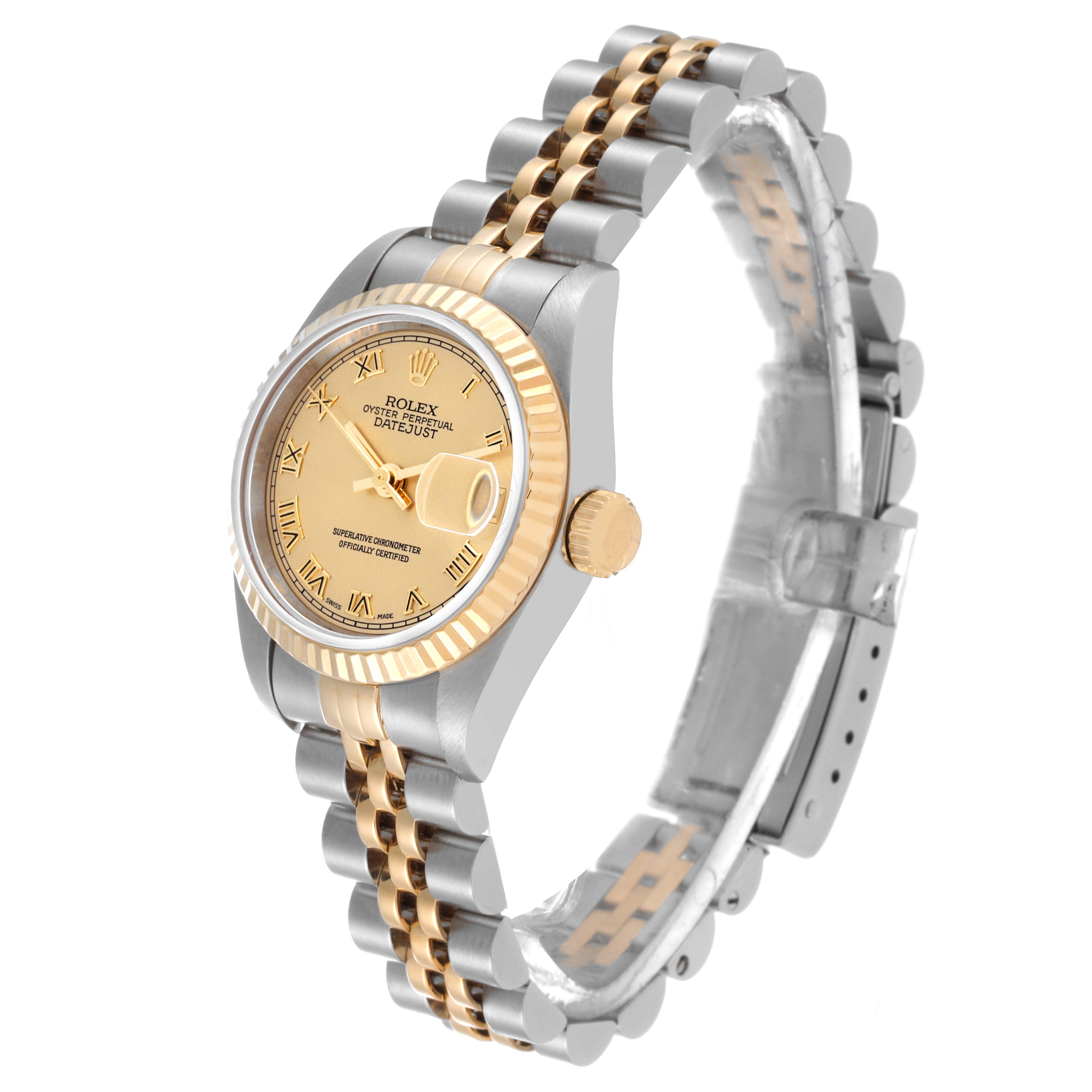 The Rolex Datejust 79173 Women's Steel and Gold (two tone) Champagne Dial 79173 Women's Steel and Gold (two tone) Champagne Dial watch is shown at a slight angle, highlighting the dial, bezel, crown, and the two-tone Jubilee bracelet.