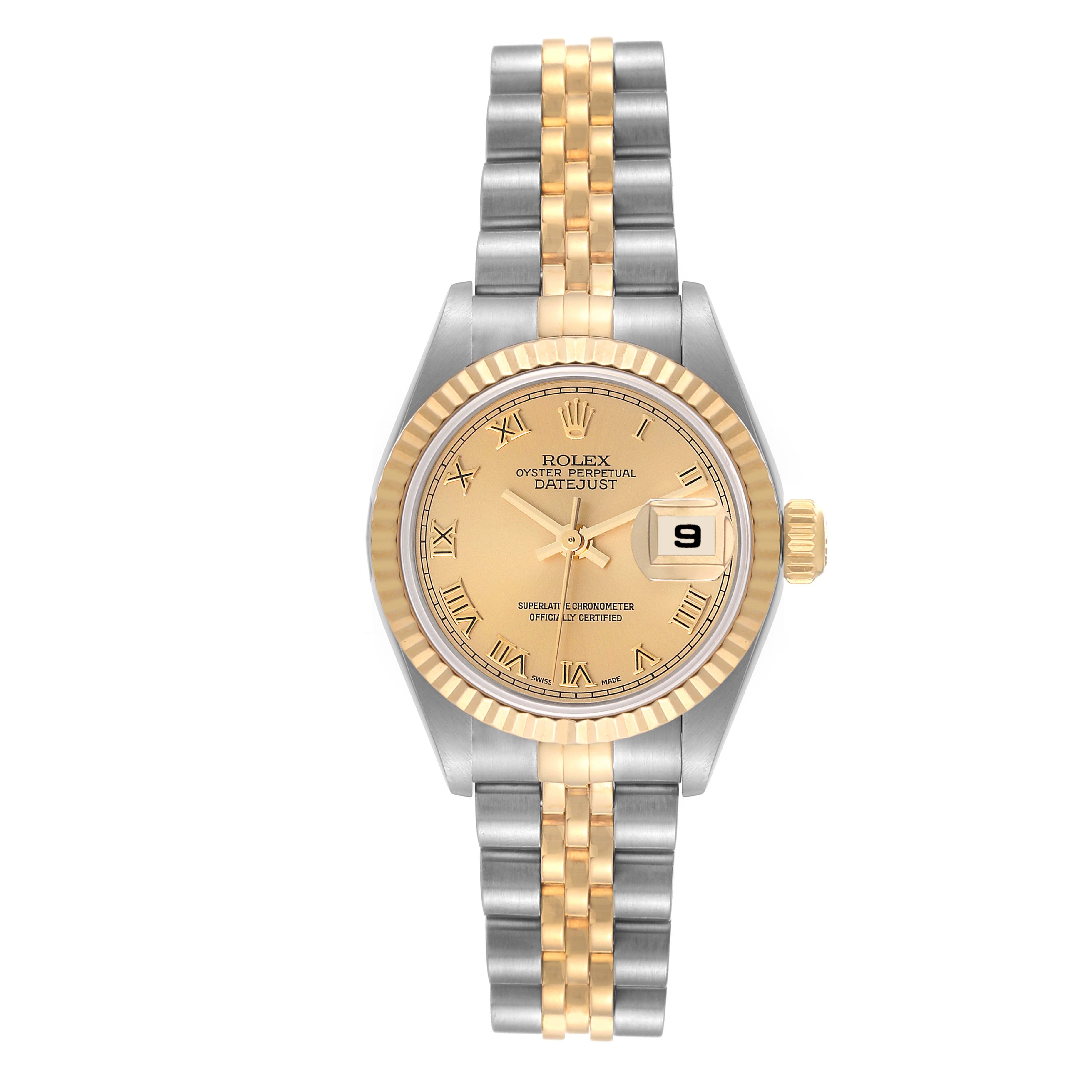 The image shows a front view of a Rolex Datejust 79173 Women's Steel and Gold (two tone) Champagne Dial 79173 Women's Steel and Gold (two tone) Champagne Dial watch, displaying the dial, bezel, and two-tone bracelet.