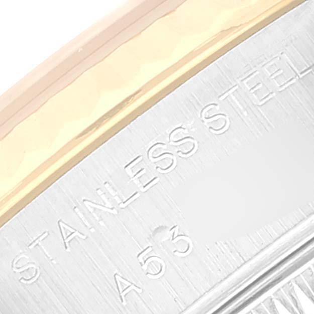 The image shows a close-up view of the stainless steel and gold bezel of a Rolex Datejust 79173 Women's Steel and Gold (two tone) Champagne Dial 79173 Women's Steel and Gold (two tone) Champagne Dial watch.