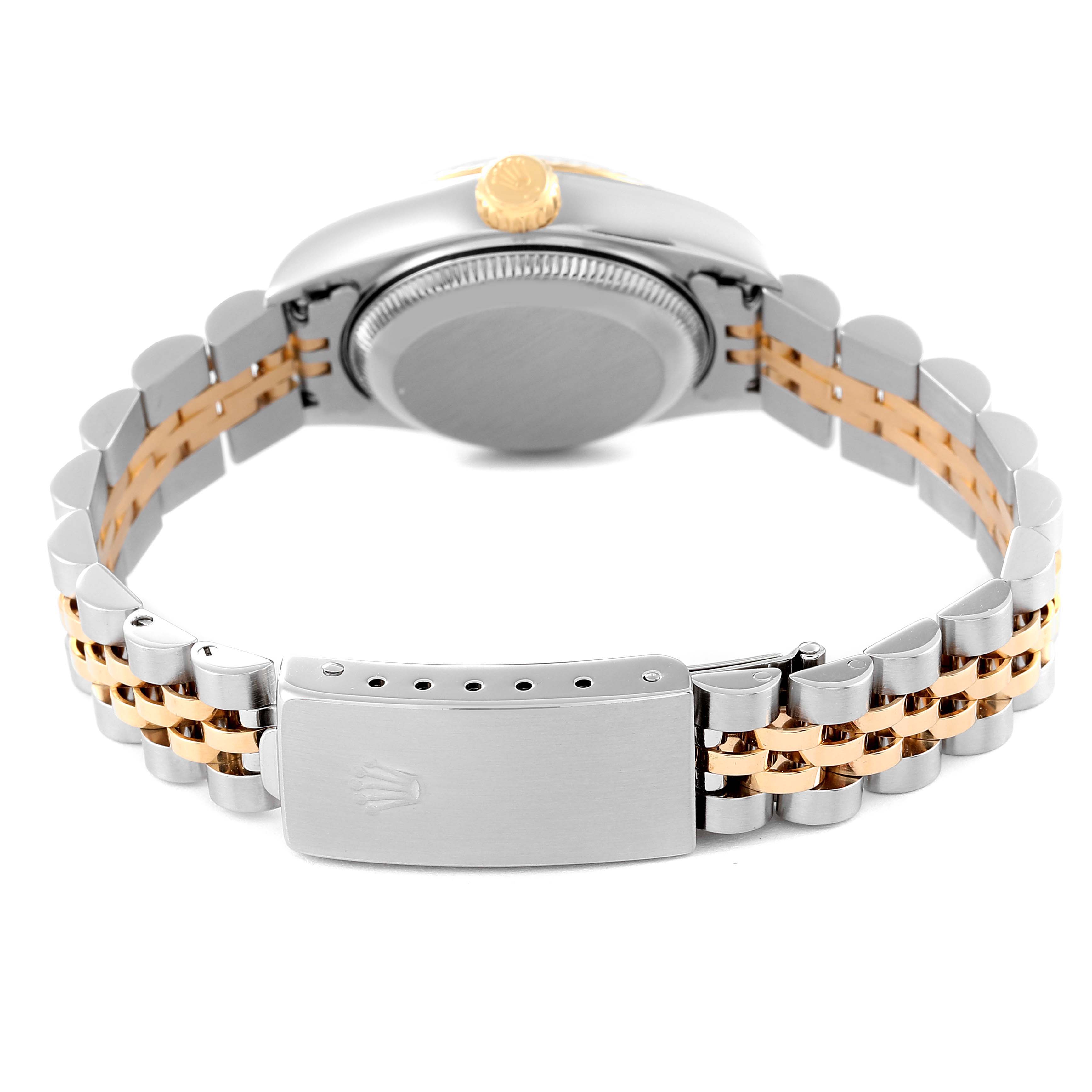 This Rolex Datejust 79173 Women's Steel and Gold (two tone) Champagne Dial 79173 Women's Steel and Gold (two tone) Champagne Dial watch is shown from the back, highlighting its bracelet and clasp.