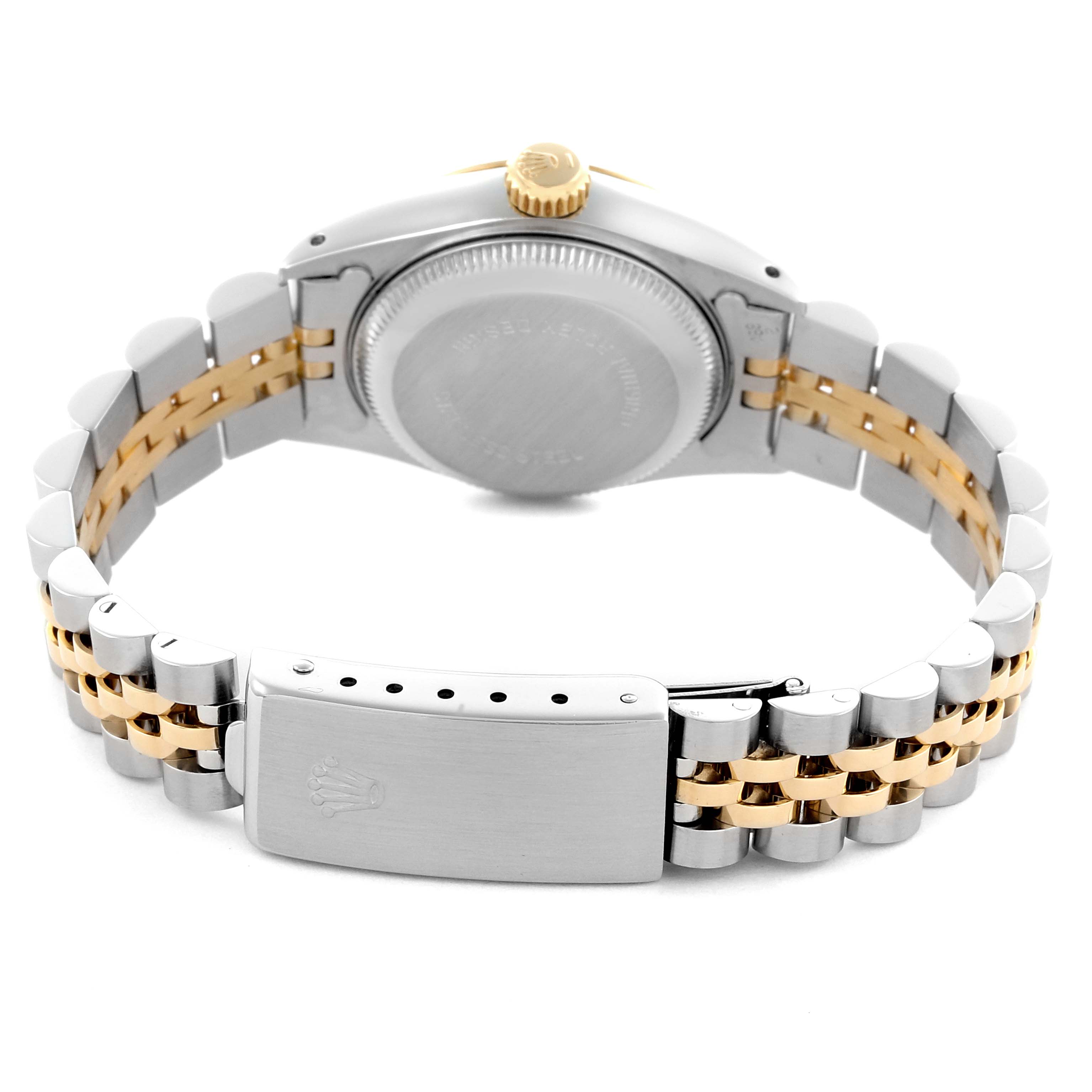 The image shows a Rolex Datejust 69173 Women's Steel and Gold (two tone) Champagne Dial 69173 Women's Steel and Gold (two tone) Champagne Dial watch from the back, highlighting the case back and Jubilee bracelet clasp.