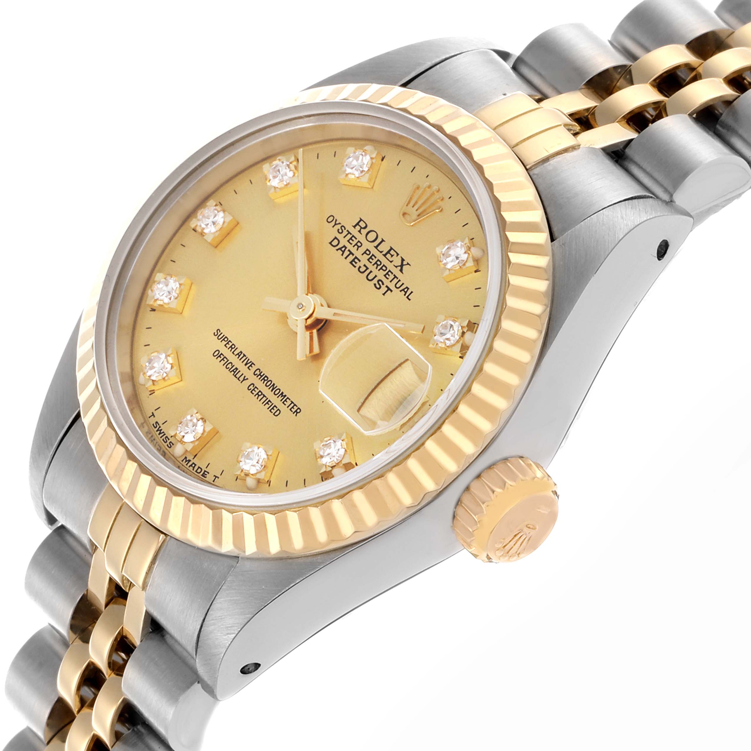 The Rolex Datejust 69173 Women's Steel and Gold (two tone) Champagne Dial 69173 Women's Steel and Gold (two tone) Champagne Dial watch is shown at an angled view, highlighting the gold and silver case, fluted bezel, and bracelet.