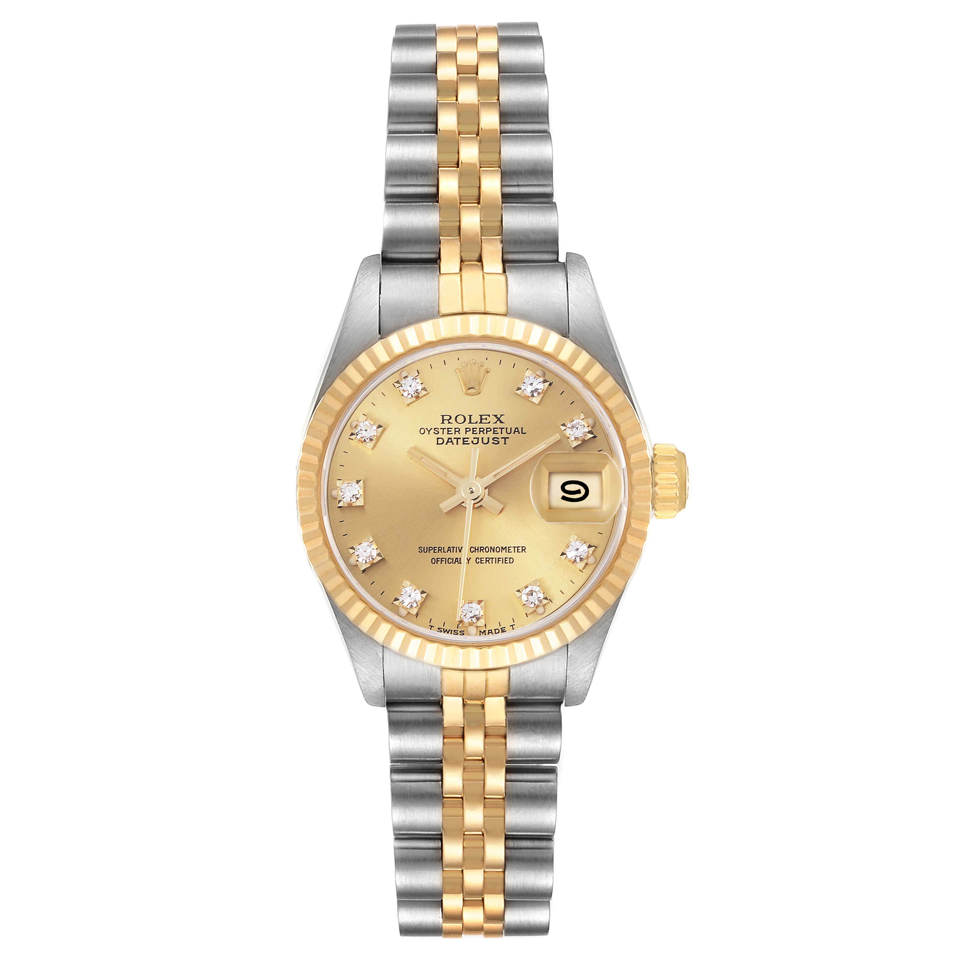 The Rolex Datejust 69173 Women's Steel and Gold (two tone) Champagne Dial 69173 Women's Steel and Gold (two tone) Champagne Dial watch is shown from a front angle, highlighting the gold dial, fluted bezel, and two-tone bracelet.