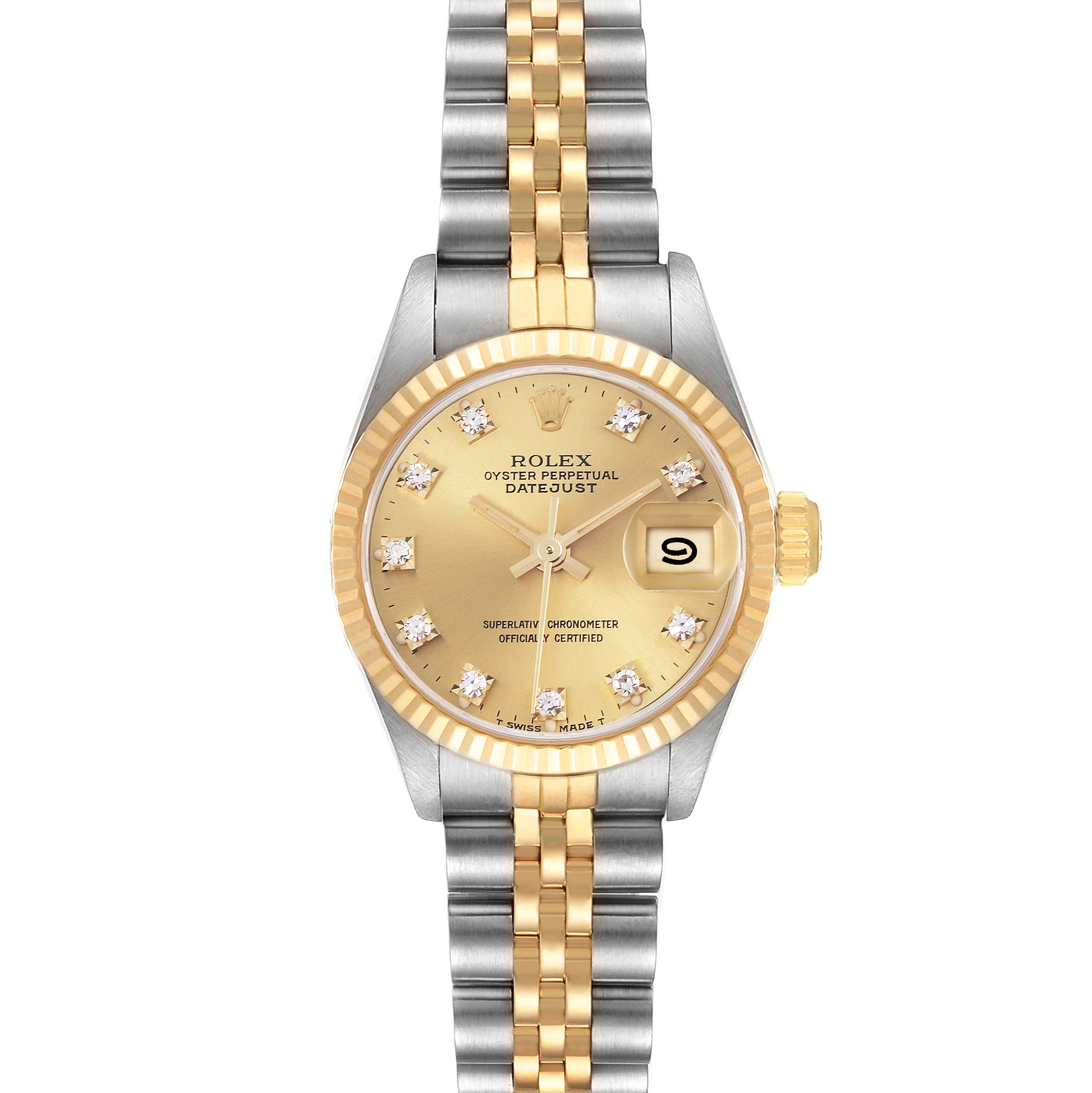 The Rolex Datejust 69173 Women's Steel and Gold (two tone) Champagne Dial 69173 Women's Steel and Gold (two tone) Champagne Dial watch is shown from a front angle, highlighting the gold dial, fluted bezel, and two-tone Jubilee bracelet.
