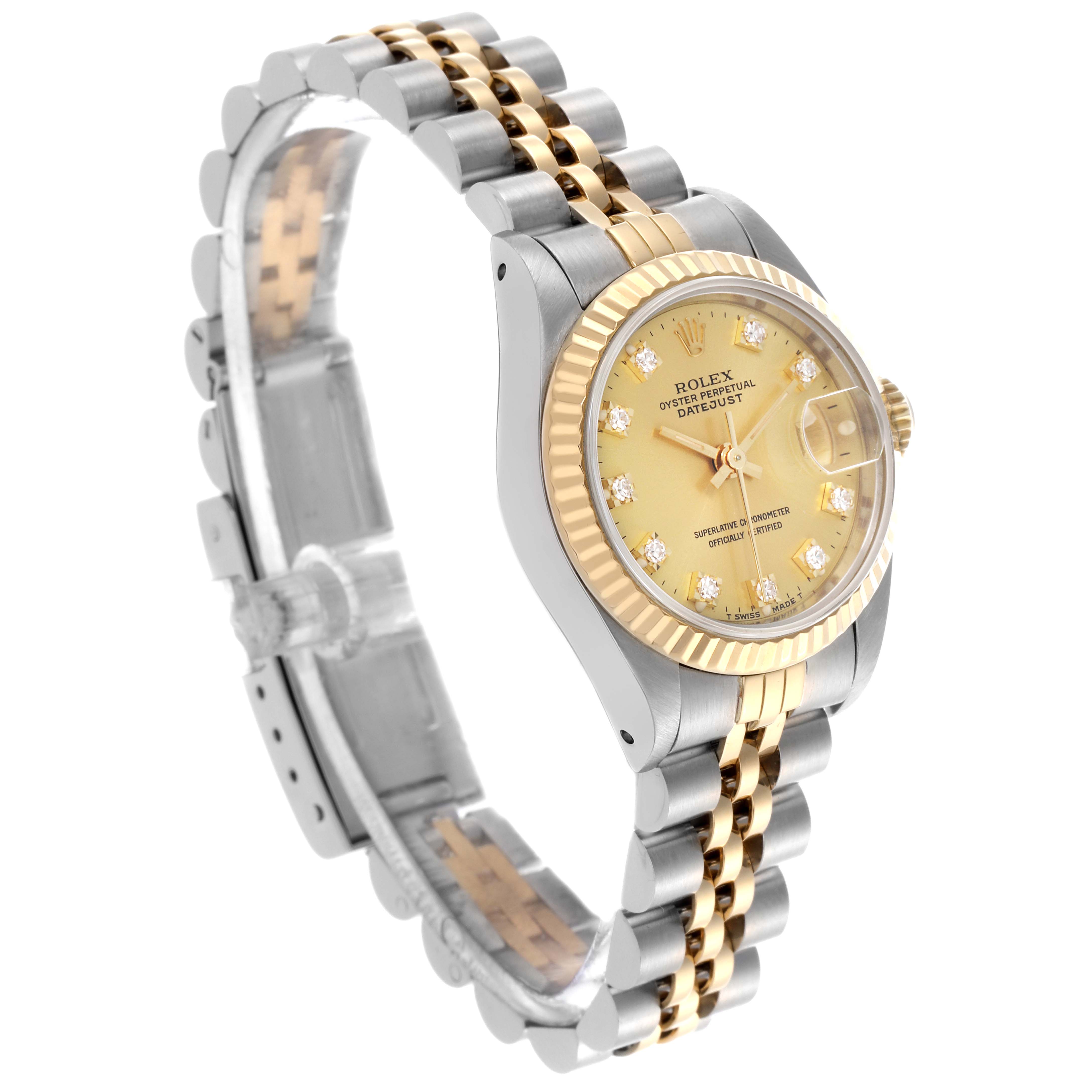 The Rolex Datejust 69173 Women's Steel and Gold (two tone) Champagne Dial 69173 Women's Steel and Gold (two tone) Champagne Dial watch is shown at a three-quarter angle, highlighting its gold dial, fluted bezel, and two-tone Jubilee bracelet.