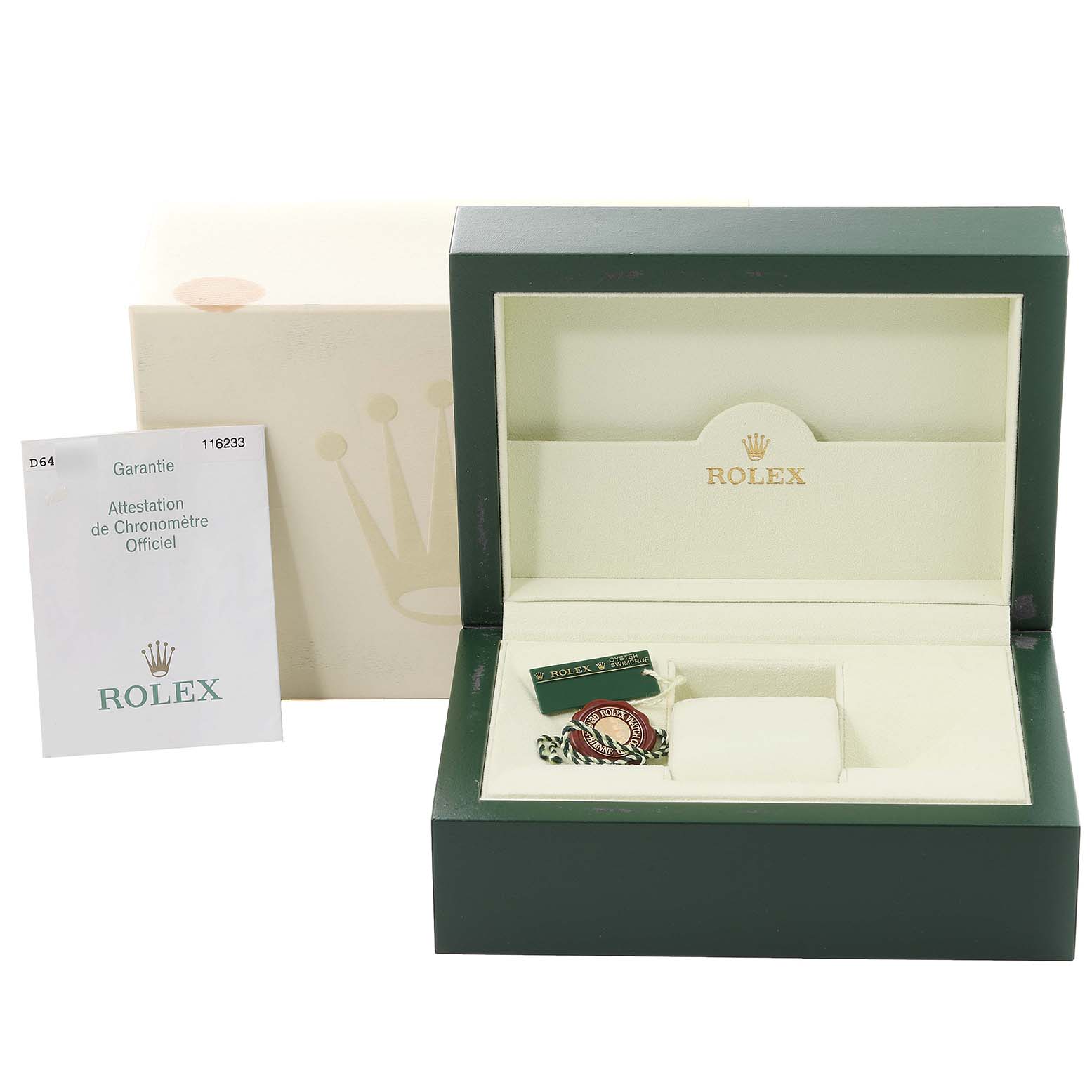 The image shows the open box, warranty card, and tags for a Rolex Datejust 116233 Men's Steel and Gold (two tone) Silver Dial 116233 Men's Steel and Gold (two tone) Silver Dial watch.
