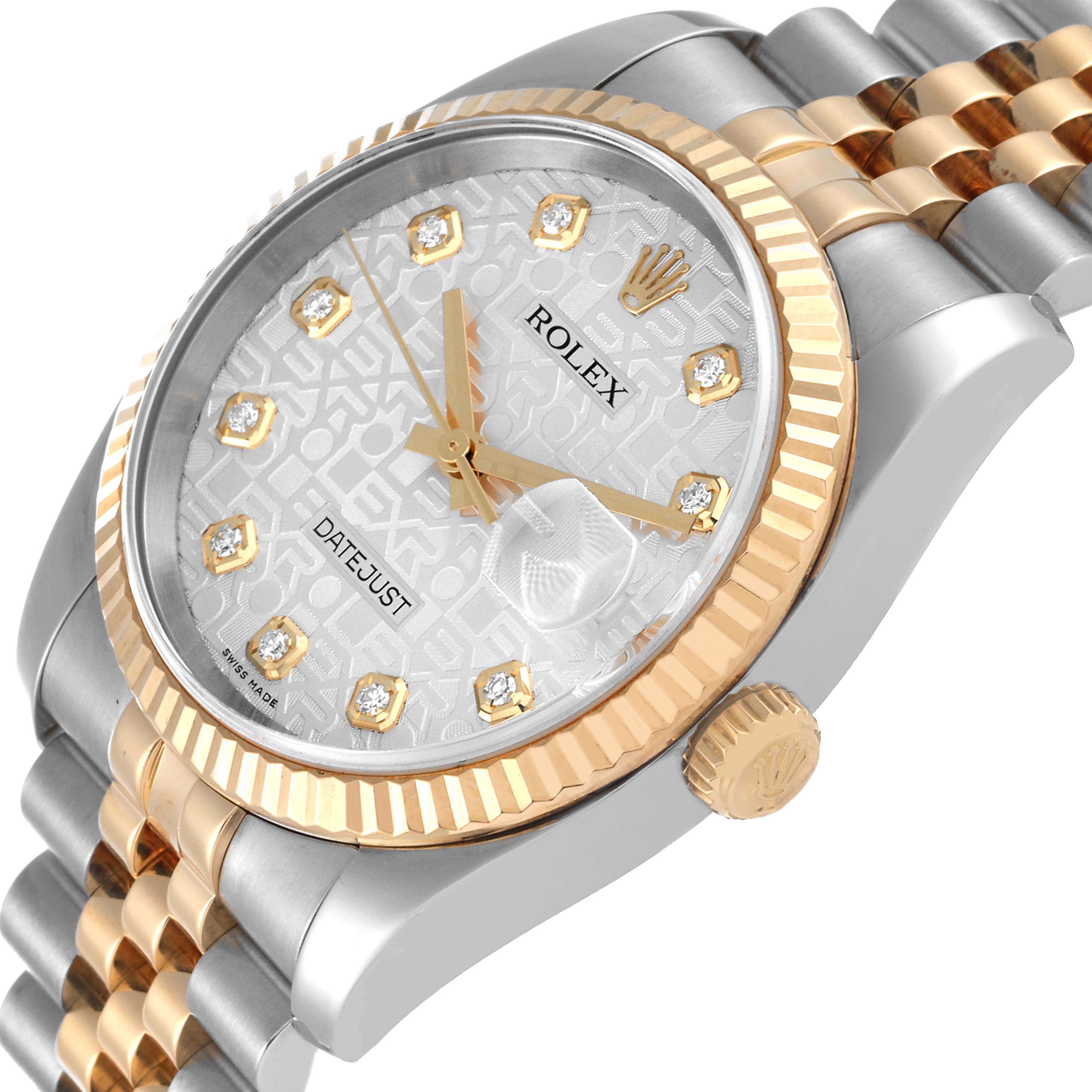 This image shows a Rolex Datejust 116233 Men's Steel and Gold (two tone) Silver Dial 116233 Men's Steel and Gold (two tone) Silver Dial watch at an angled side view, highlighting its dial, fluted bezel, and part of the bracelet.