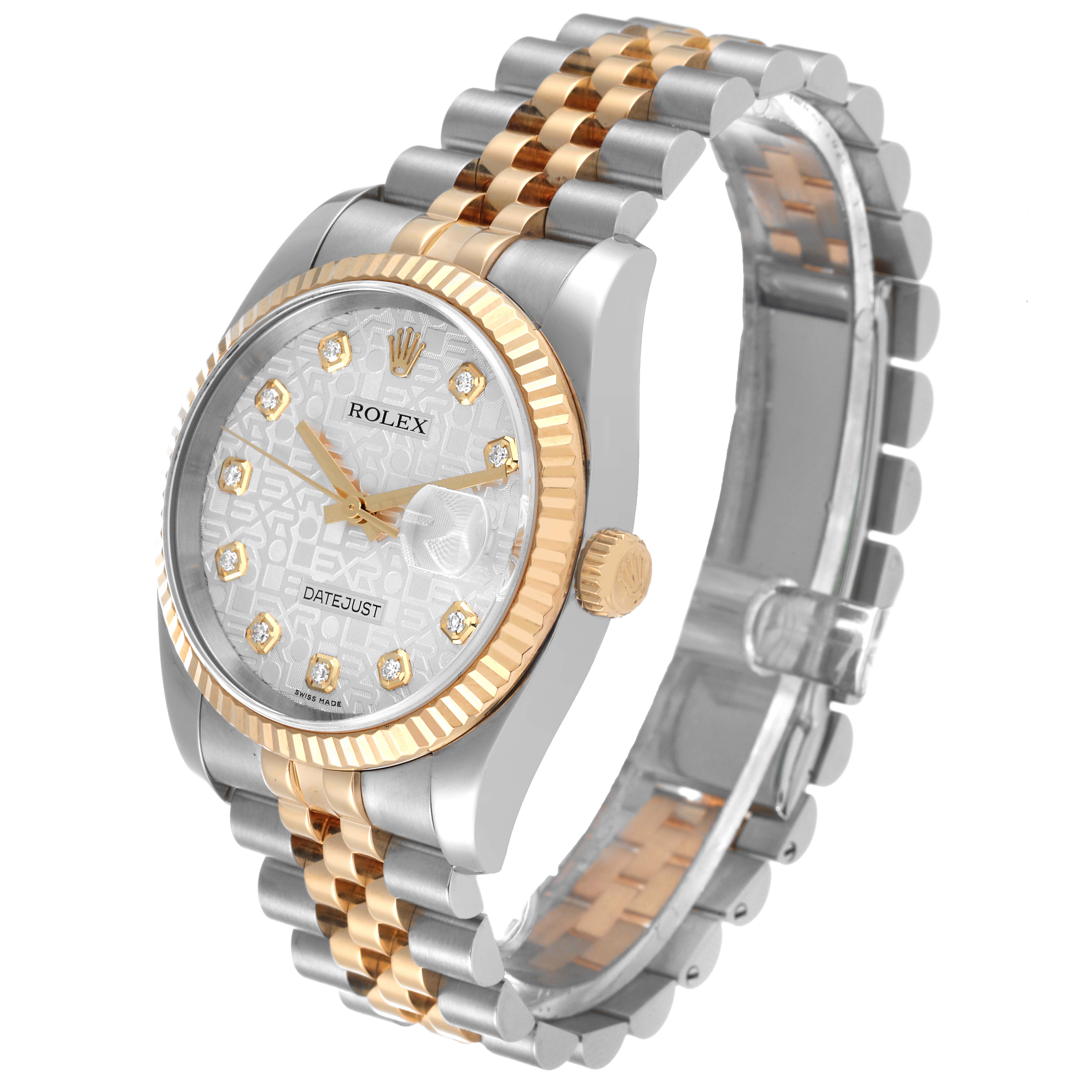The image shows a Rolex Datejust 116233 Men's Steel and Gold (two tone) Silver Dial 116233 Men's Steel and Gold (two tone) Silver Dial watch at a three-quarter angle, featuring a two-tone gold and silver bracelet and a diamond-accented dial.