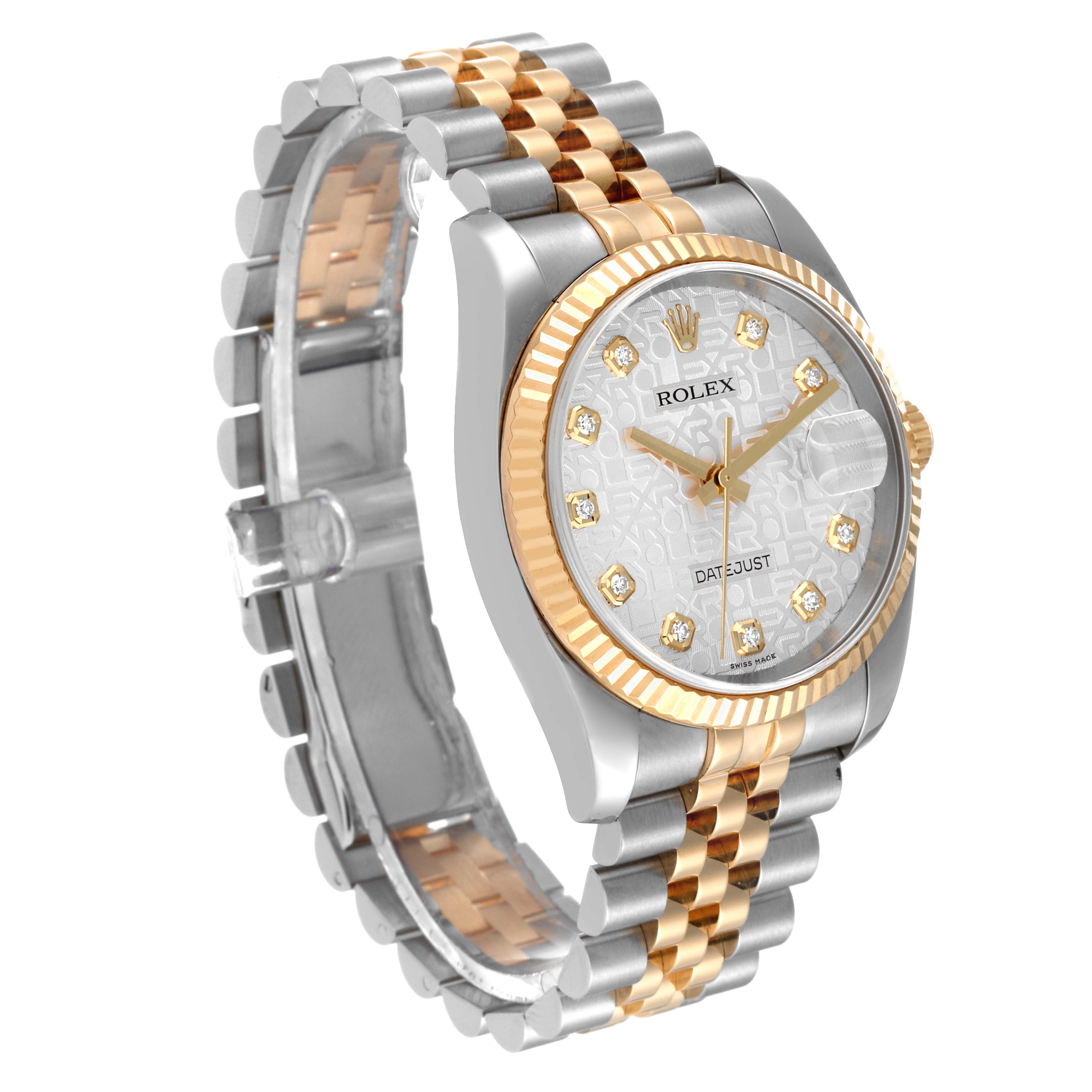 The Rolex Datejust 116233 Men's Steel and Gold (two tone) Silver Dial 116233 Men's Steel and Gold (two tone) Silver Dial watch is shown at an angle revealing the dial, bezel, and two-tone bracelet.