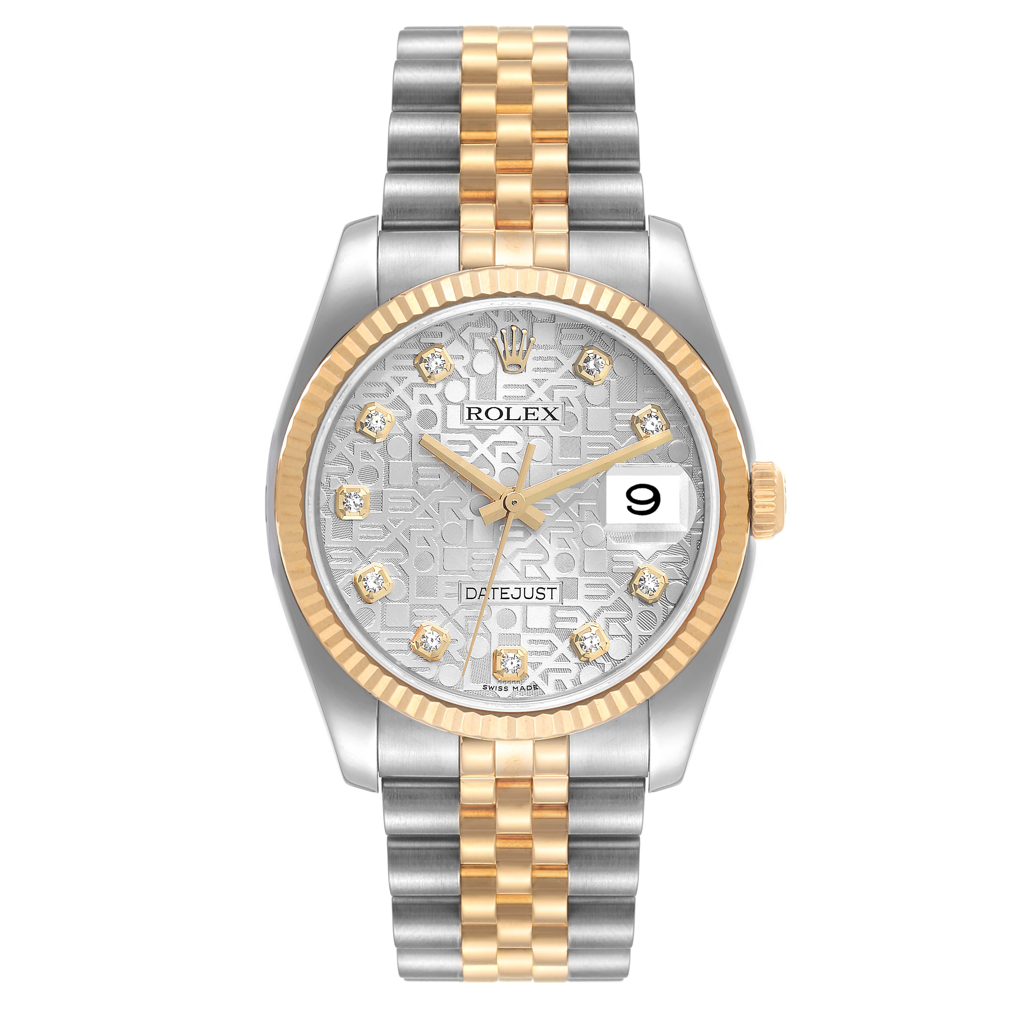 This Rolex Datejust 116233 Men's Steel and Gold (two tone) Silver Dial 116233 Men's Steel and Gold (two tone) Silver Dial watch is shown from the front, highlighting its dial, bezel, case, and two-tone bracelet.
