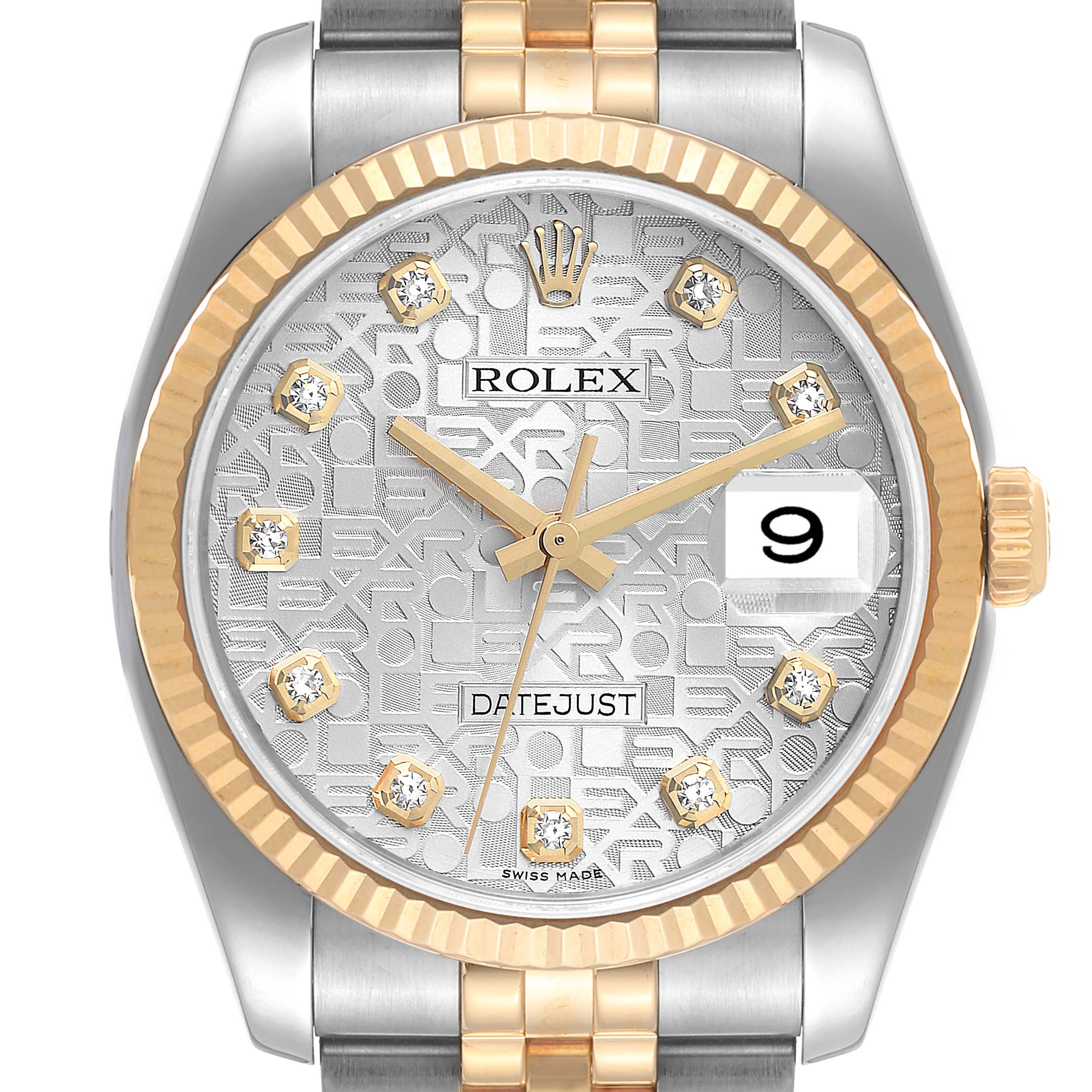 This image shows a frontal close-up view of a Rolex Datejust 116233 Men's Steel and Gold (two tone) Silver Dial 116233 Men's Steel and Gold (two tone) Silver Dial watch, highlighting the dial, bezel, and part of the bracelet.