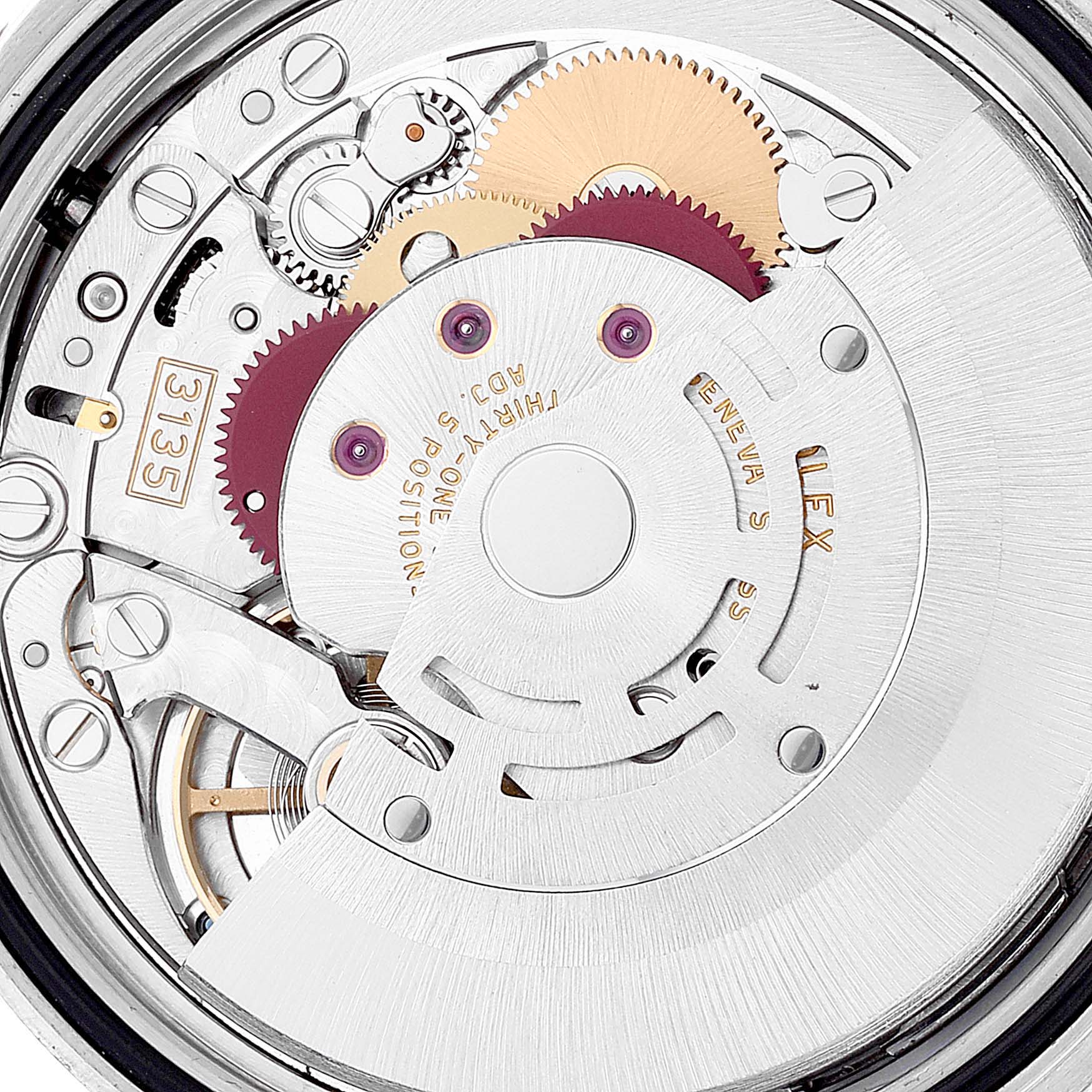 This image shows the intricate mechanism of a Rolex Datejust 116233 Men's Steel and Gold (two tone) Silver Dial 116233 Men's Steel and Gold (two tone) Silver Dial watch's movement from a macro angle.
