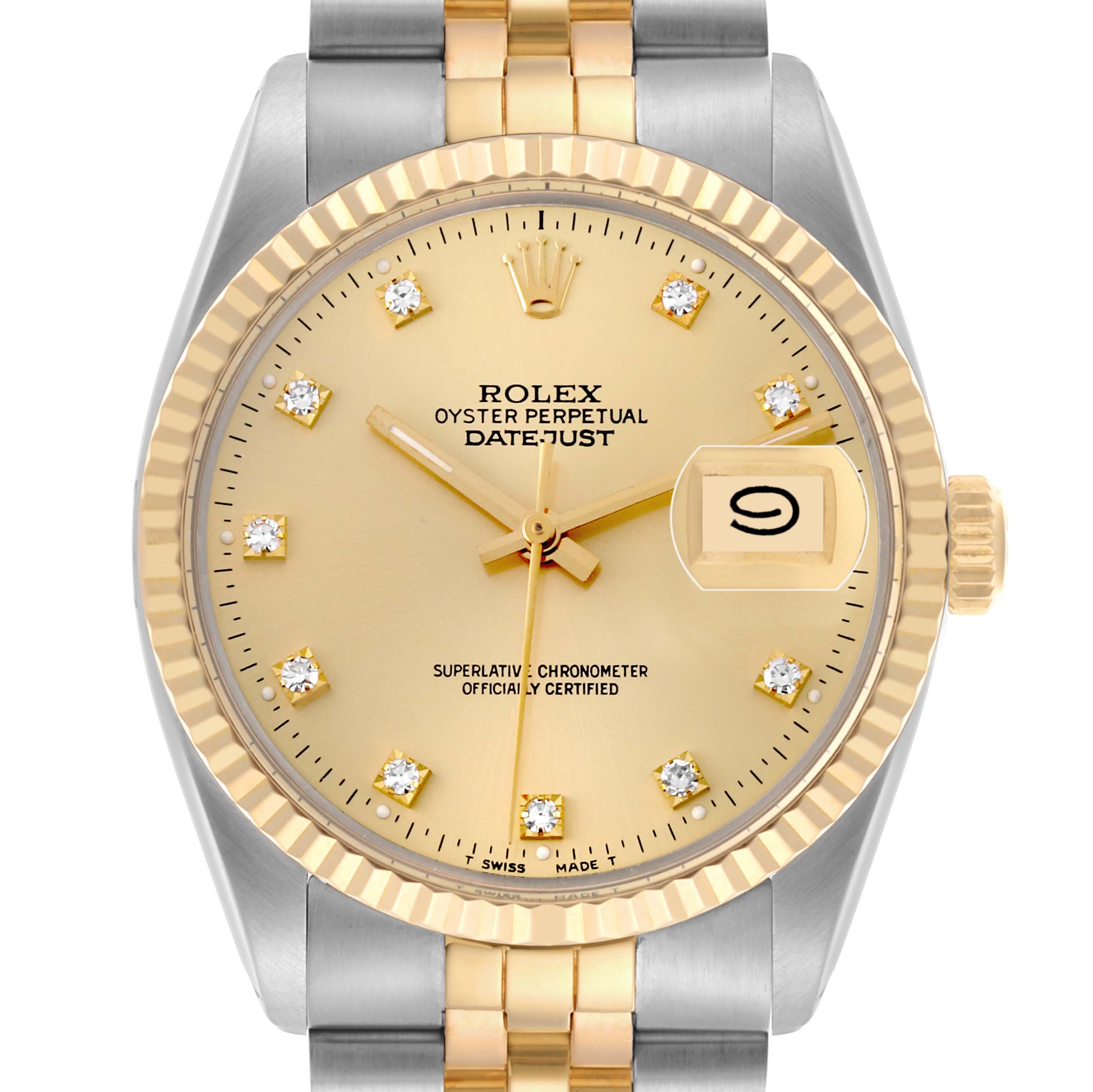 The Rolex Datejust 16013 Men's Steel and Gold (two tone) Champagne Dial 16013 Men's Steel and Gold (two tone) Champagne Dial watch is shown from the front, highlighting its gold-toned dial, fluted bezel, and date window at 3 o'clock.