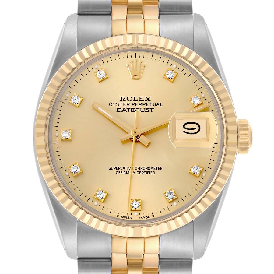 The Rolex Datejust watch is shown from the front, highlighting its gold-toned dial, fluted bezel, and date window at 3 o'clock.