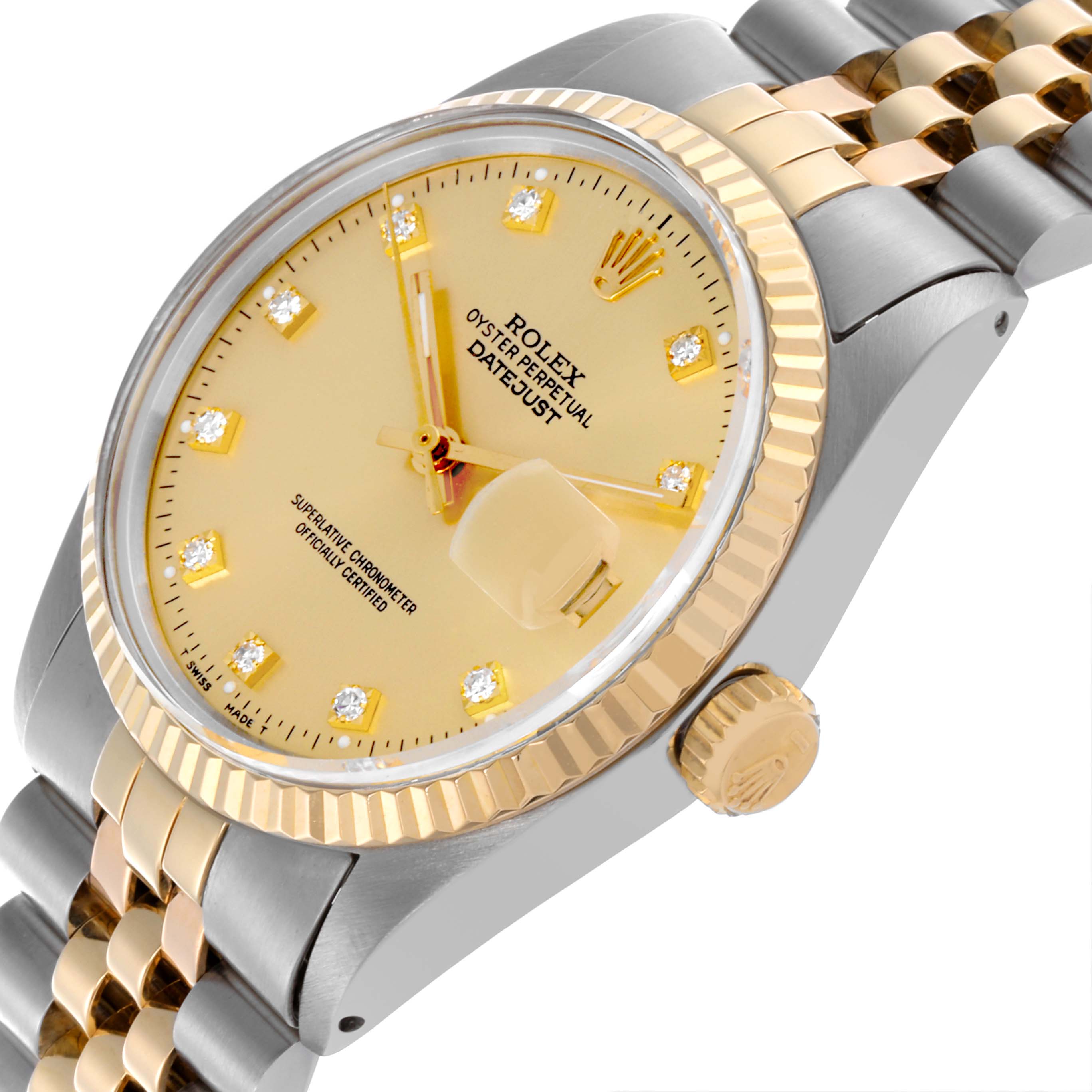 The Rolex Datejust 16013 Men's Steel and Gold (two tone) Champagne Dial 16013 Men's Steel and Gold (two tone) Champagne Dial is shown from a side angle, highlighting the dial, crown, bezel, and part of the Jubilee bracelet.