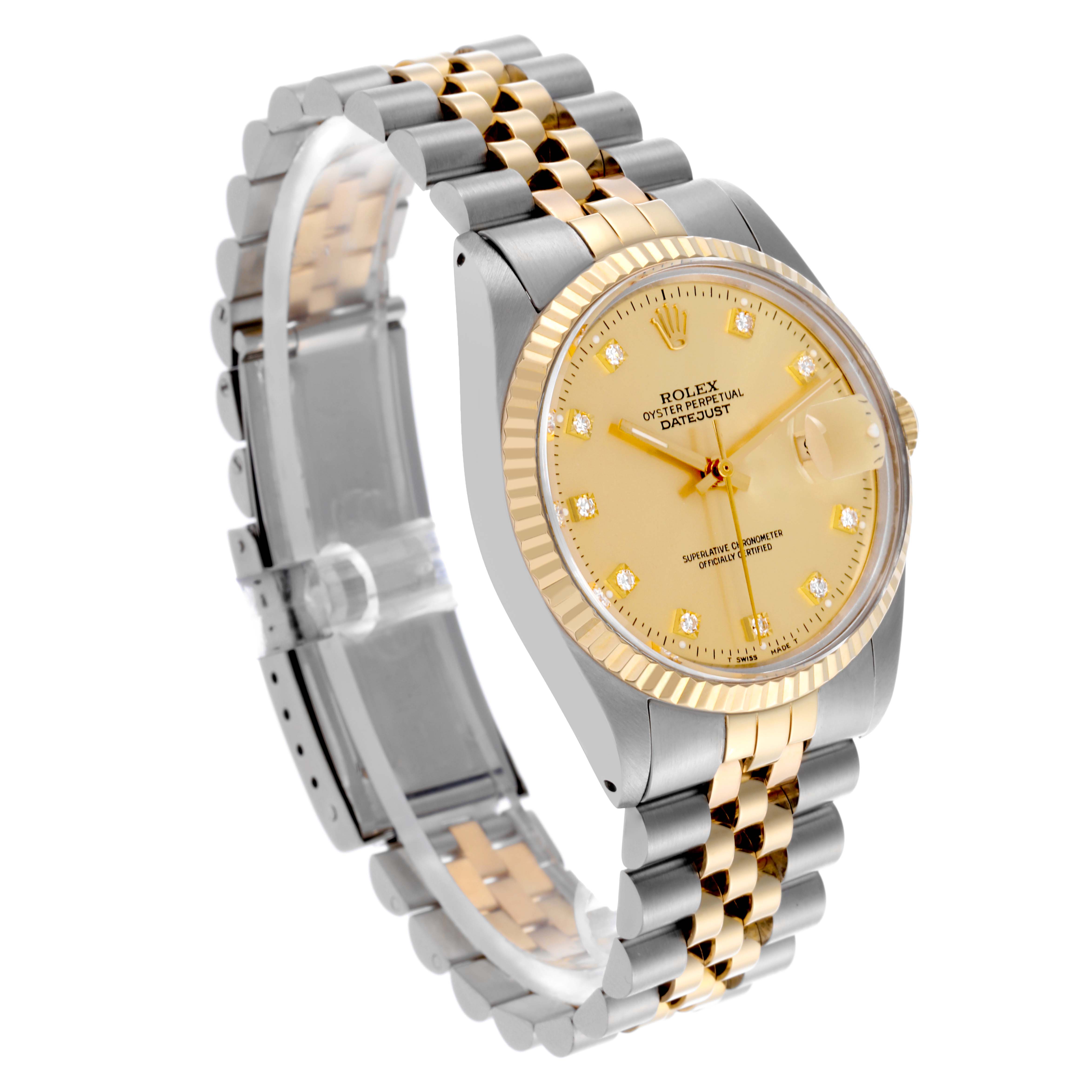 The Rolex Datejust 16013 Men's Steel and Gold (two tone) Champagne Dial 16013 Men's Steel and Gold (two tone) Champagne Dial watch is shown at an angle highlighting its gold and silver tone, face, bezel, and bracelet links.