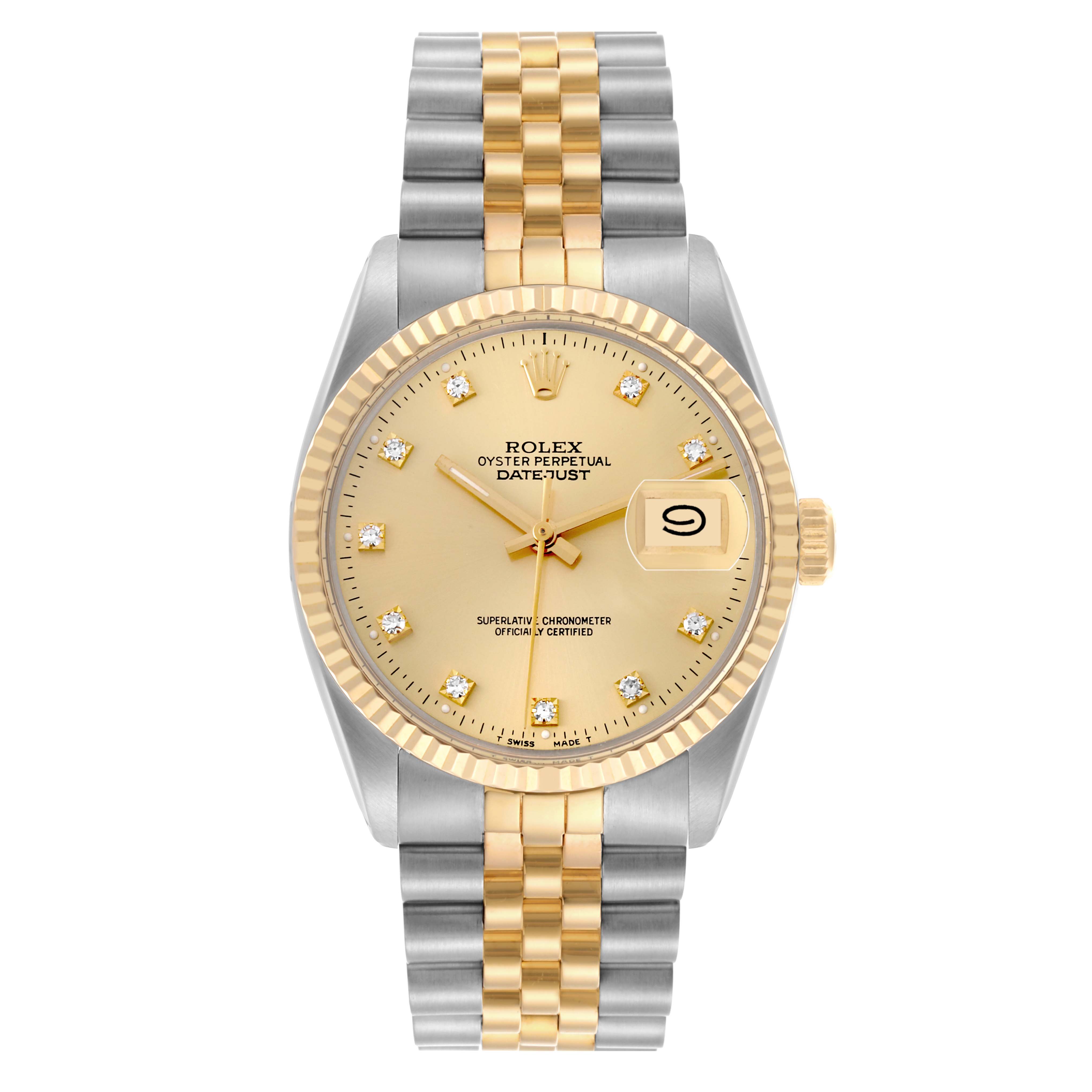 The Rolex Datejust 16013 Men's Steel and Gold (two tone) Champagne Dial 16013 Men's Steel and Gold (two tone) Champagne Dial watch is shown from a front angle, featuring its dial, bezel, and bracelet.