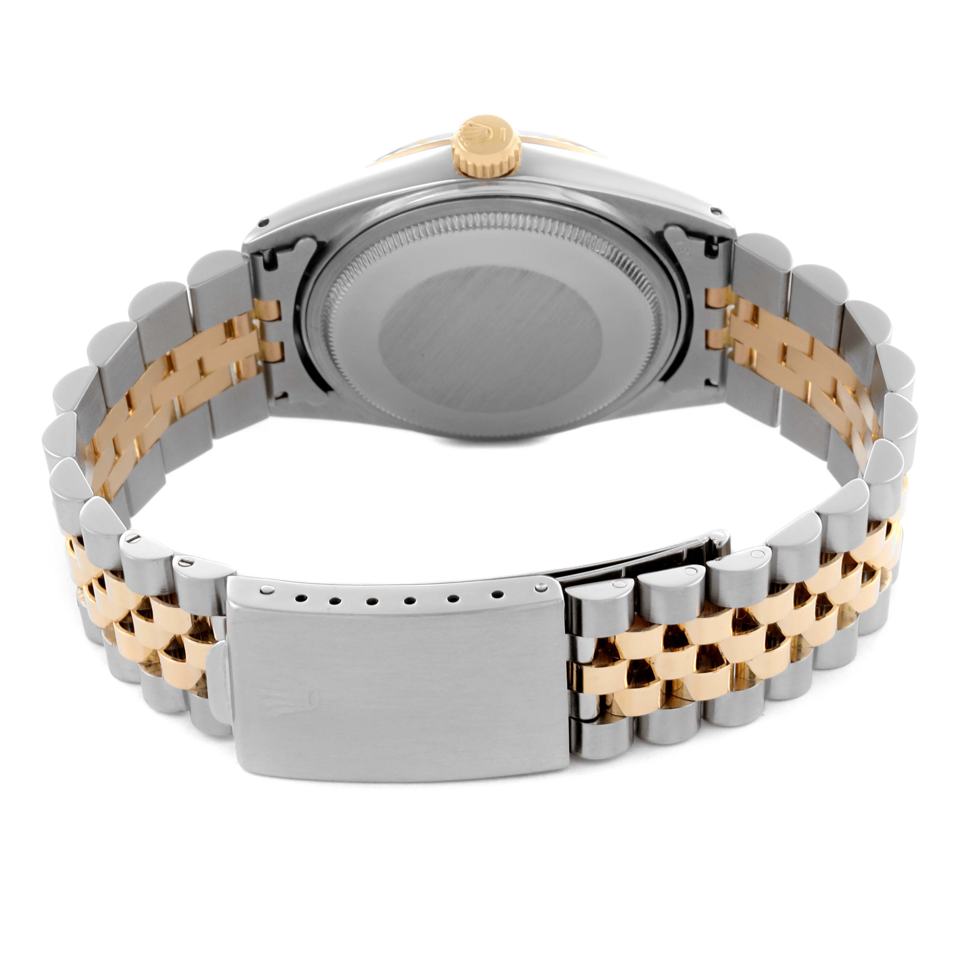 The Rolex Datejust 16013 Men's Steel and Gold (two tone) Champagne Dial 16013 Men's Steel and Gold (two tone) Champagne Dial watch is shown from the back, highlighting the case, crown, bracelet, and clasp in a two-tone design.