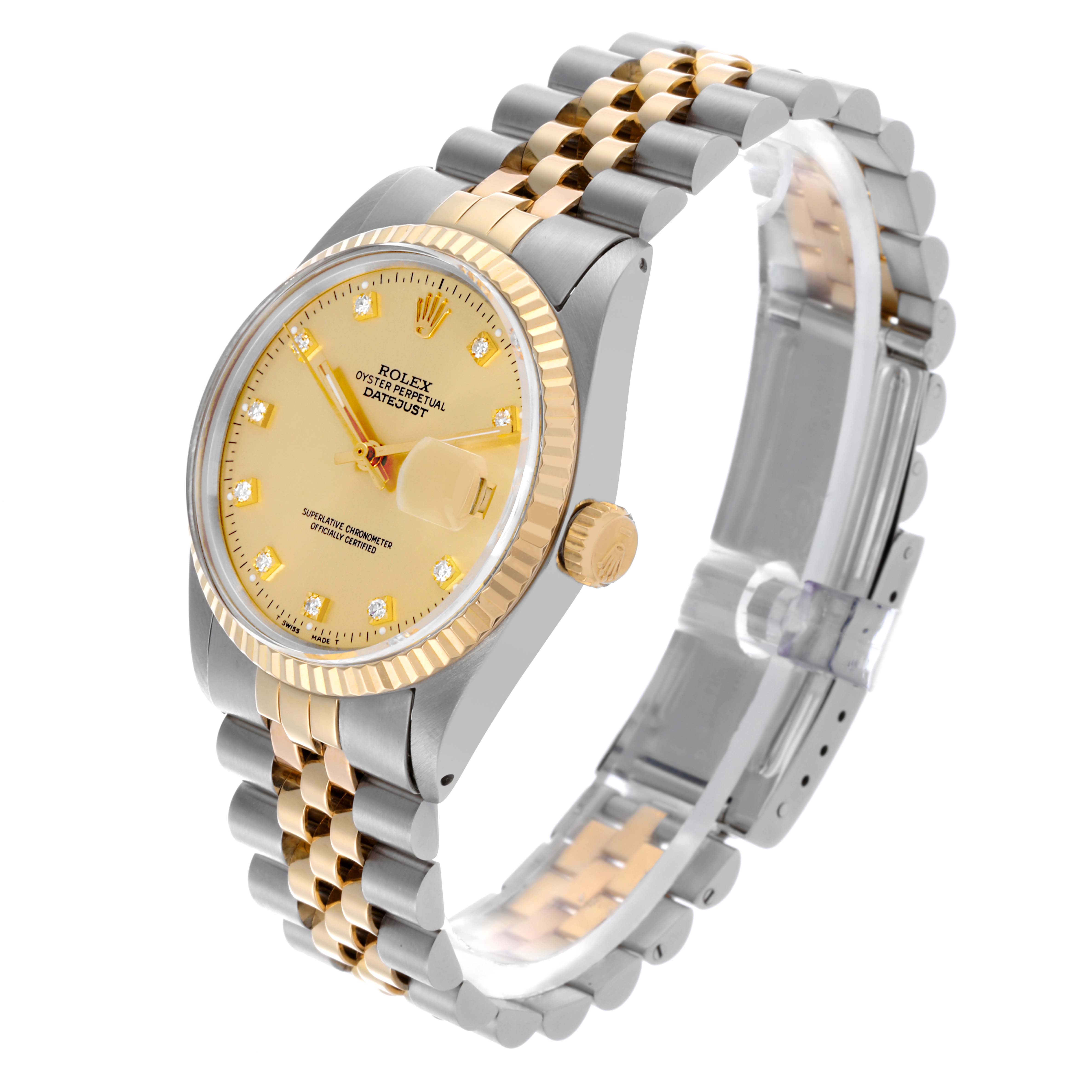 The Rolex Datejust 16013 Men's Steel and Gold (two tone) Champagne Dial 16013 Men's Steel and Gold (two tone) Champagne Dial watch is shown at an oblique angle, highlighting the face, bezel, crown, and two-tone bracelet.