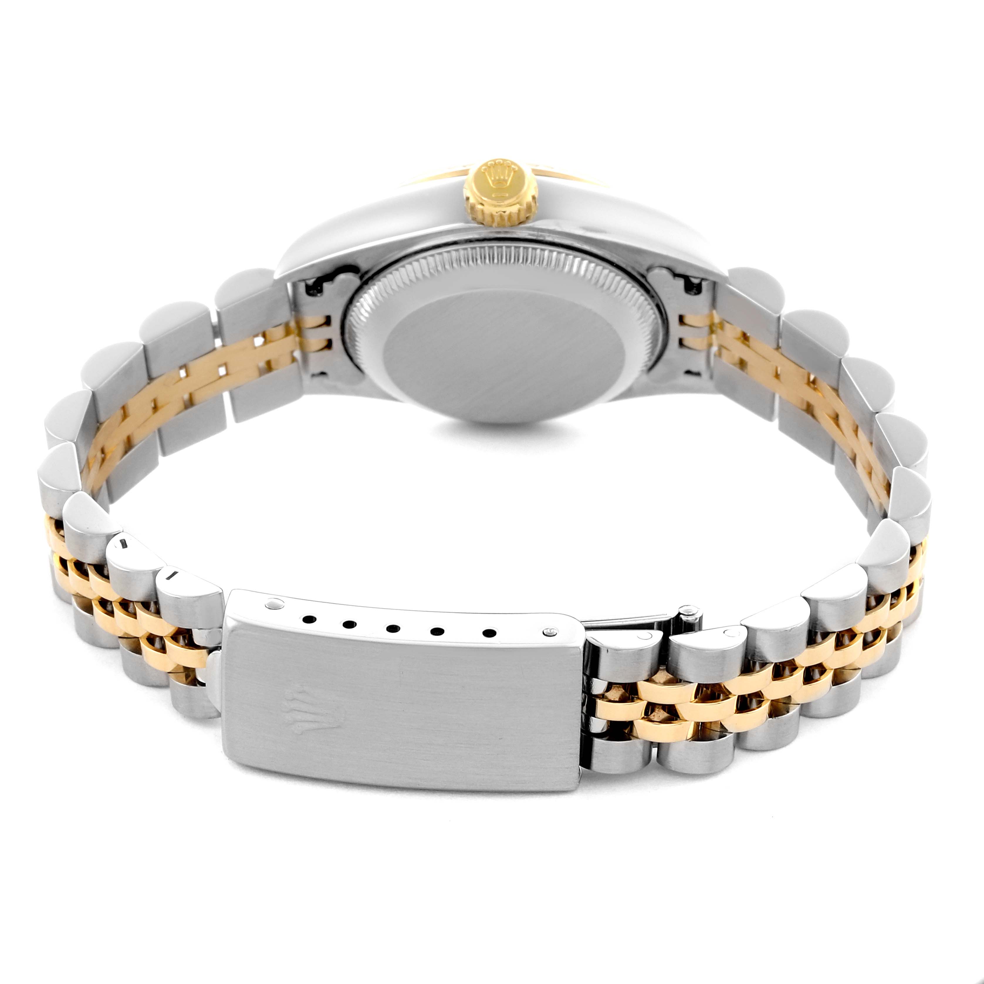 The image shows the back of a Rolex Datejust 79173 Women's Steel and Gold (two tone) Champagne Dial 79173 Women's Steel and Gold (two tone) Champagne Dial watch, highlighting the case back, crown, and two-tone bracelet with clasp.